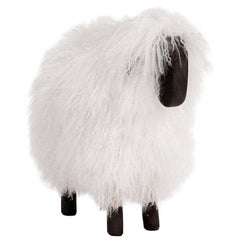 White Long Haired Fur + Black Painted Wood, Small Sheep