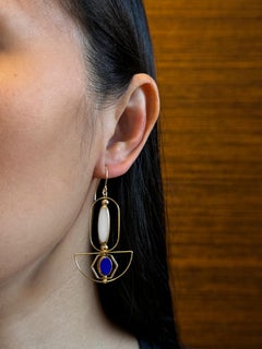White Long Oval And Small Blue Oval Art Deco 2406E Earrings