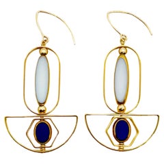 White Long Oval And Small Blue Oval Art Deco 2406E Earrings