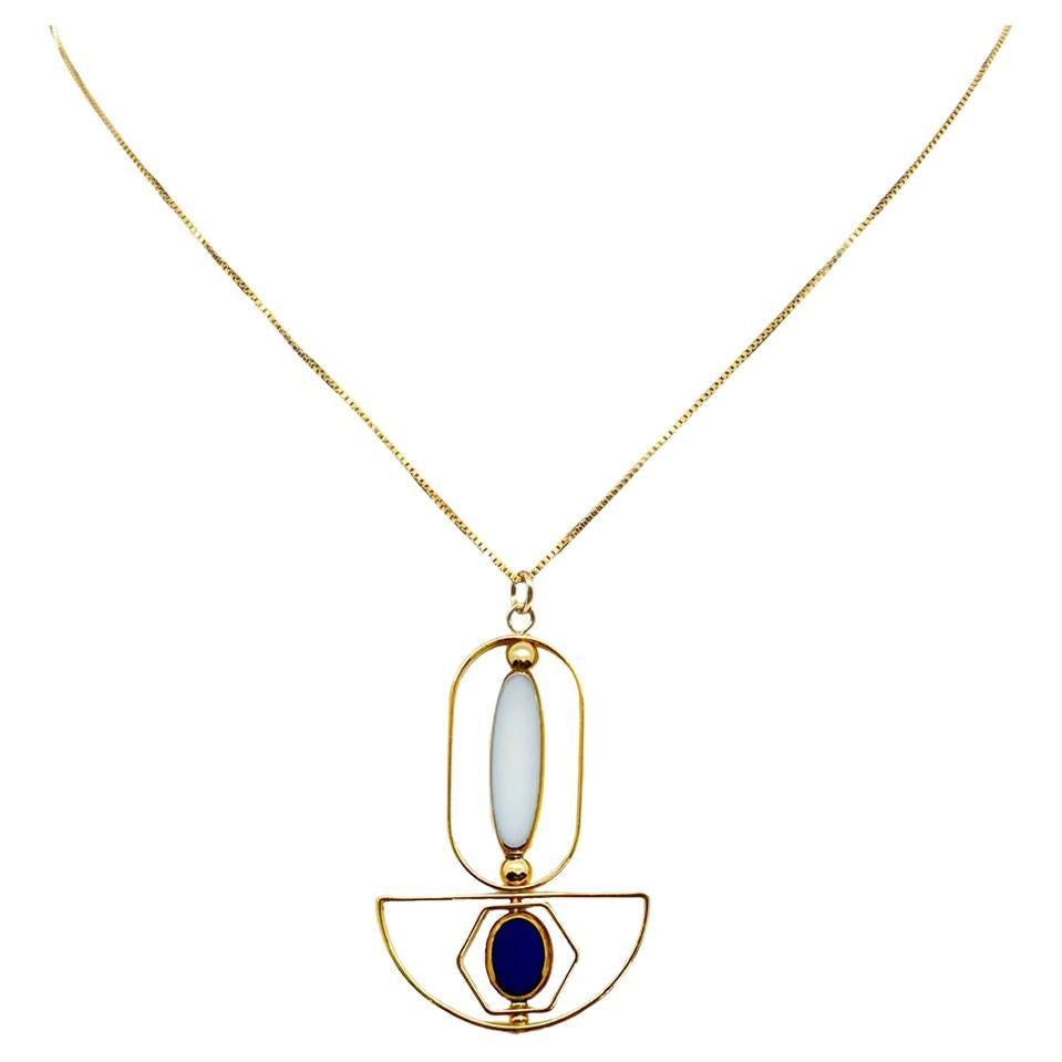 Langes ovales und kleines blaues Oval in Weiß  Art Deco 2406N Kette Halskette im Angebot