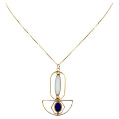Langes ovales und kleines blaues Oval in Weiß  Art Deco 2406N Kette Halskette