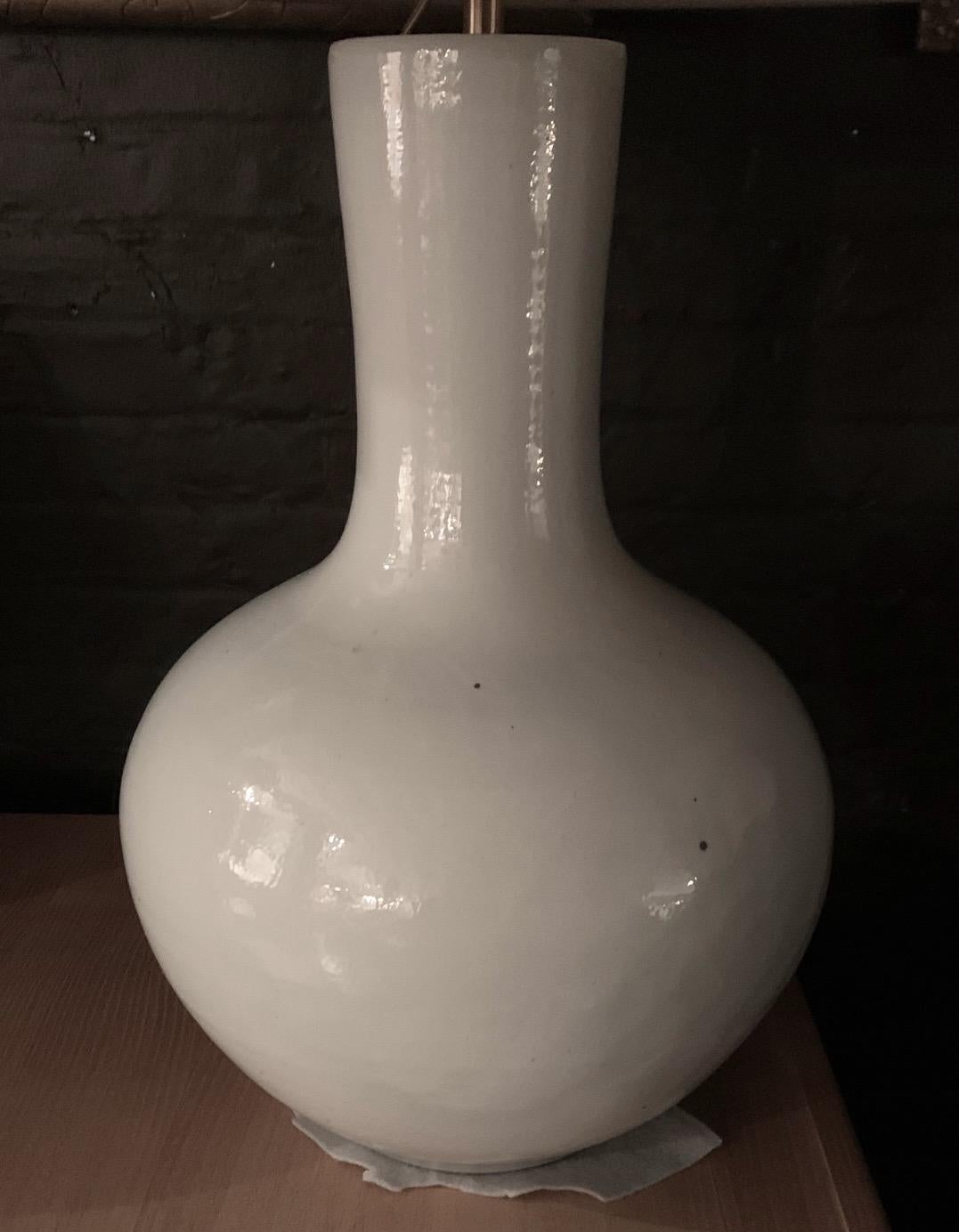Chinese White Long Tube Neck Pair Lamps With Shades, China, Contemporary For Sale