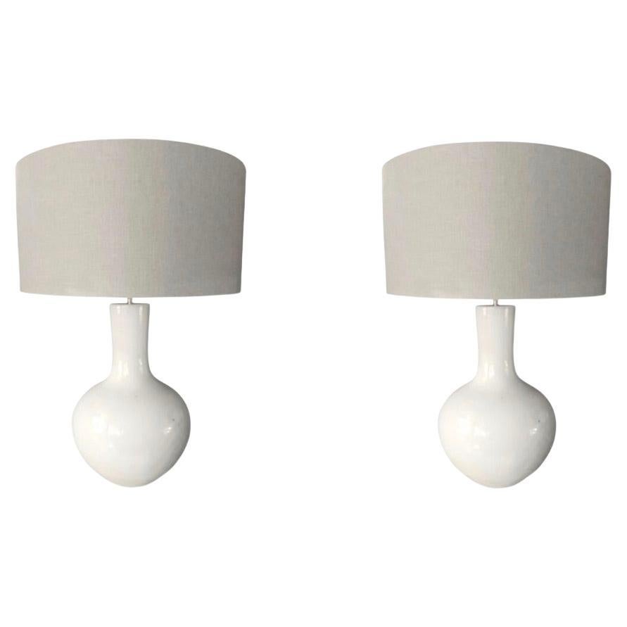 White Long Tube Neck Pair Lamps With Shades, China, Contemporary