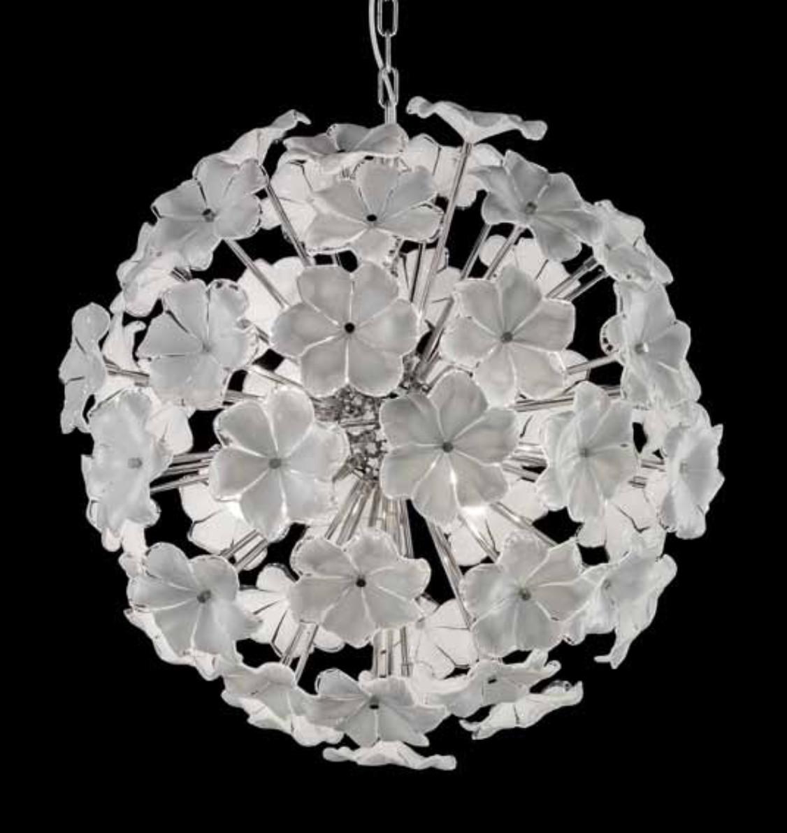 Italian sputnik chandelier with hand blown white Murano lotus flowers mounted chrome finish frame / Made in Italy in the style of Cenedese
Measures: diameter 27.5 inches, height 27.5 inches plus chain and canopy
6 lights / E12 or E14 type / max 40W