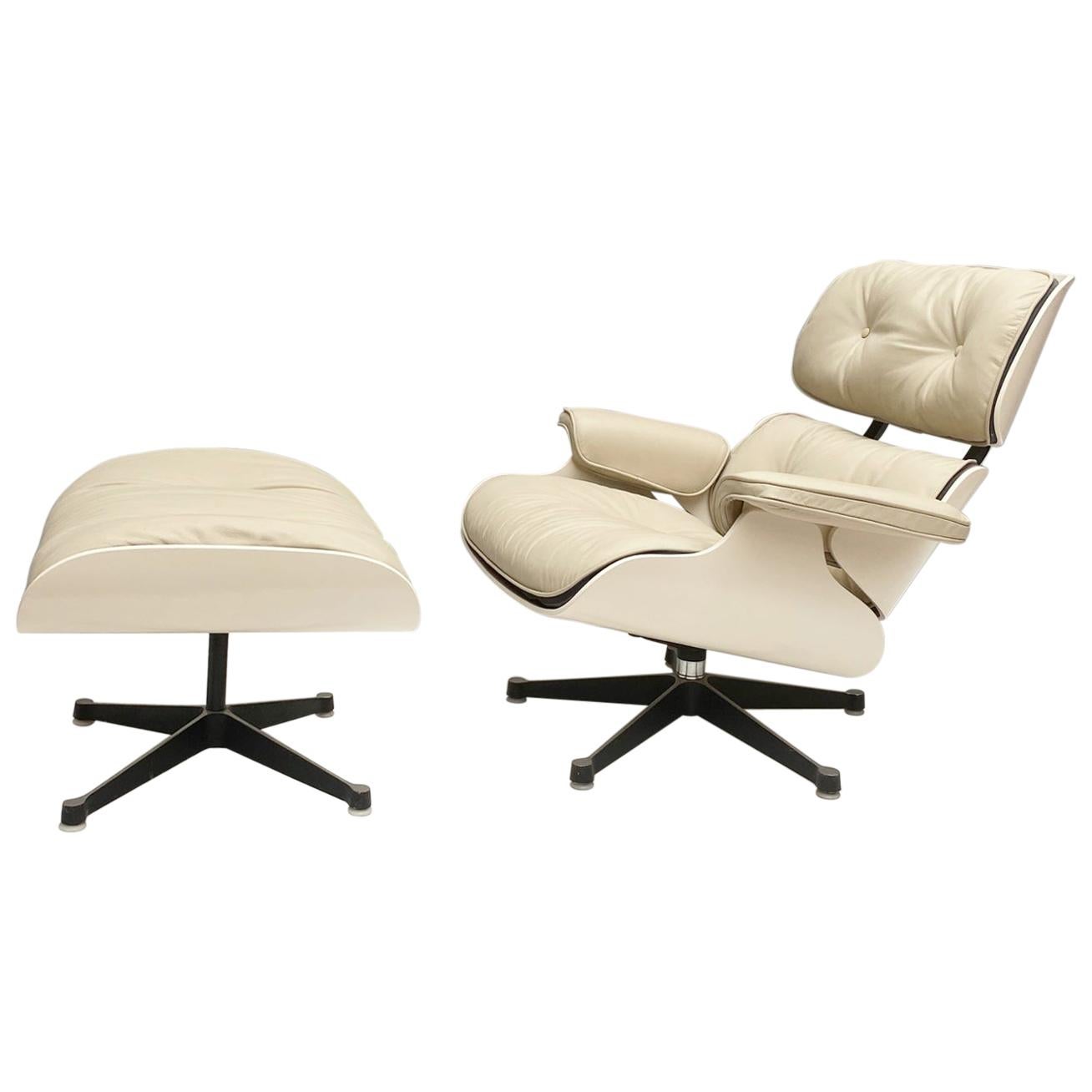 White Lounge Chair and Ottoman in Style of Charles and Ray Eames