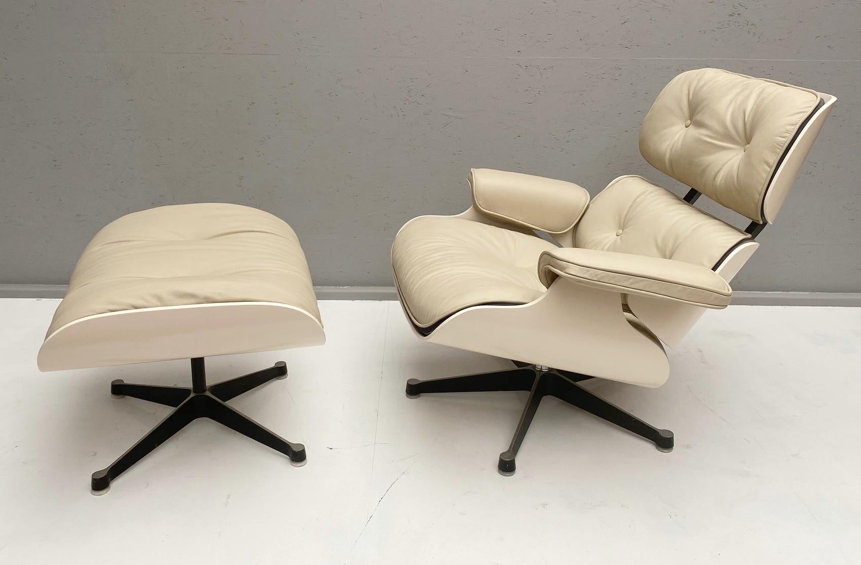 Wood White Lounge Chair and Ottoman in Style of Charles and Ray Eames