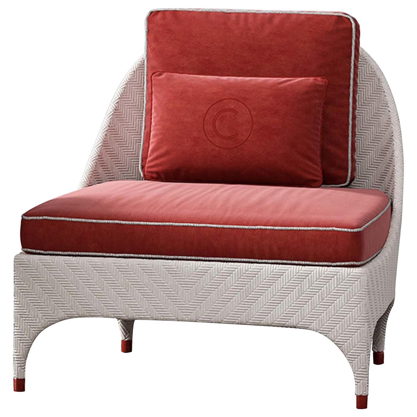 White Lounge Chair with Red Cushions For Sale