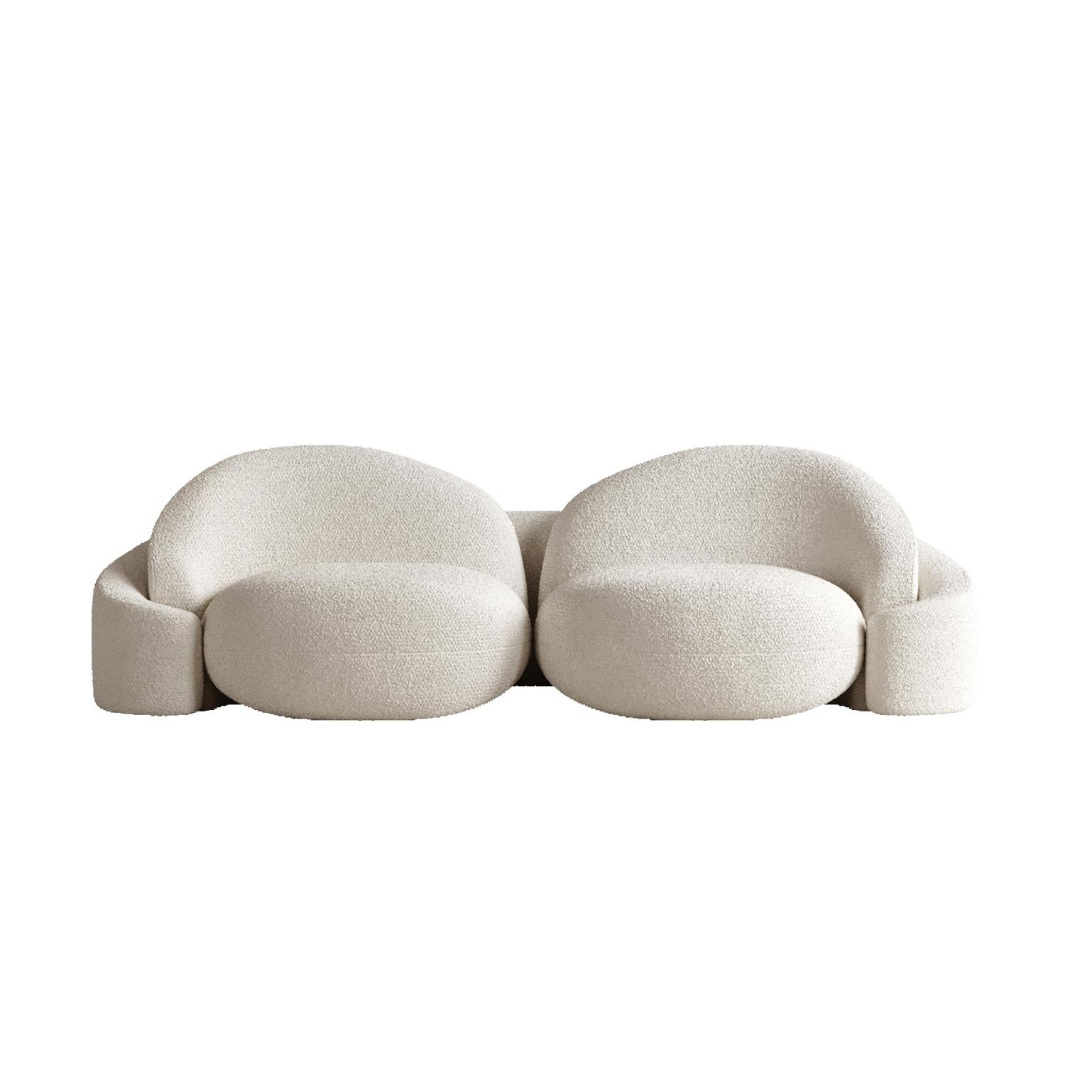 White Lovers Sofa by Plyus Design
Dimensions: D 110 x W 240 x H 73 cm
Materials:  Wood, HR foam, polyester wadding, fabric upholstery.

“Lovers” sofa.
Once upon a time there were two lonely chairs named 