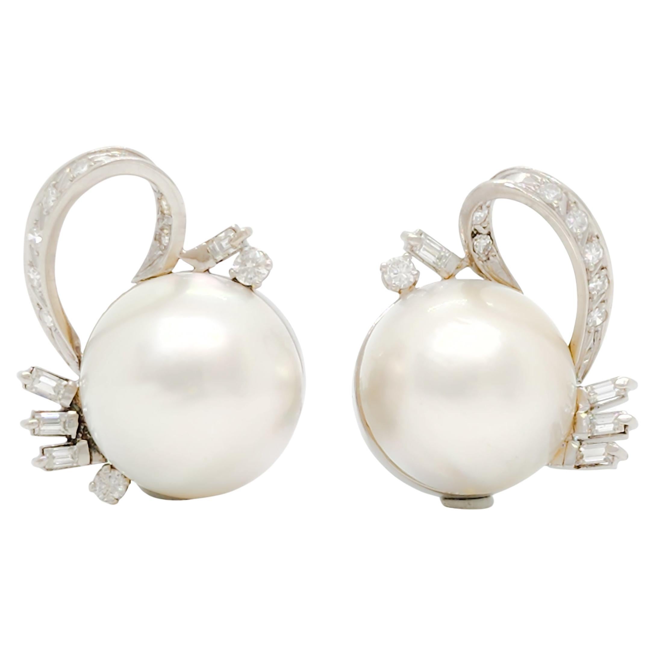 White Mabe Pearl and Diamond Earrings in Platinum