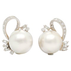 White Mabe Pearl and Diamond Earrings in Platinum