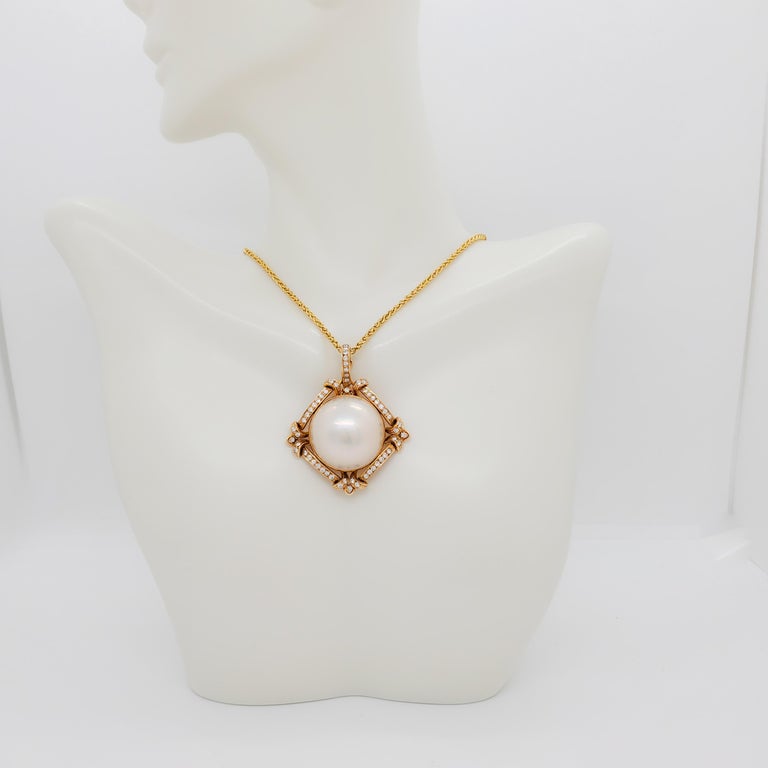 White Mabe Pearl and Diamond Pendant Necklace in 14k Rose Gold For Sale ...