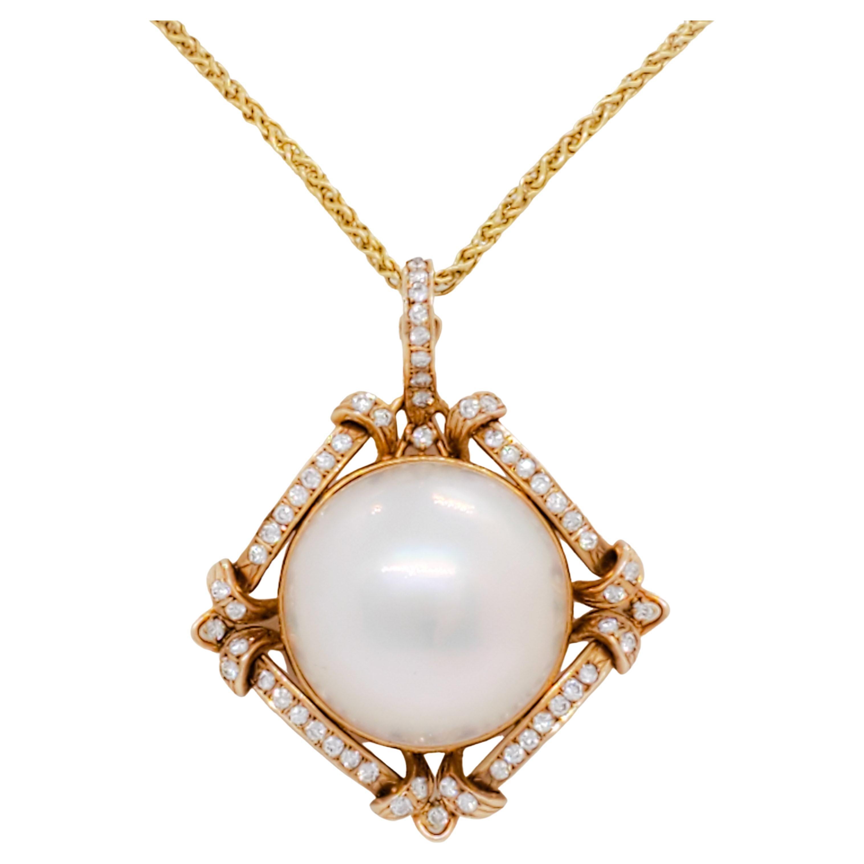Golden Pearl and Diamond Necklace For Sale at 1stDibs