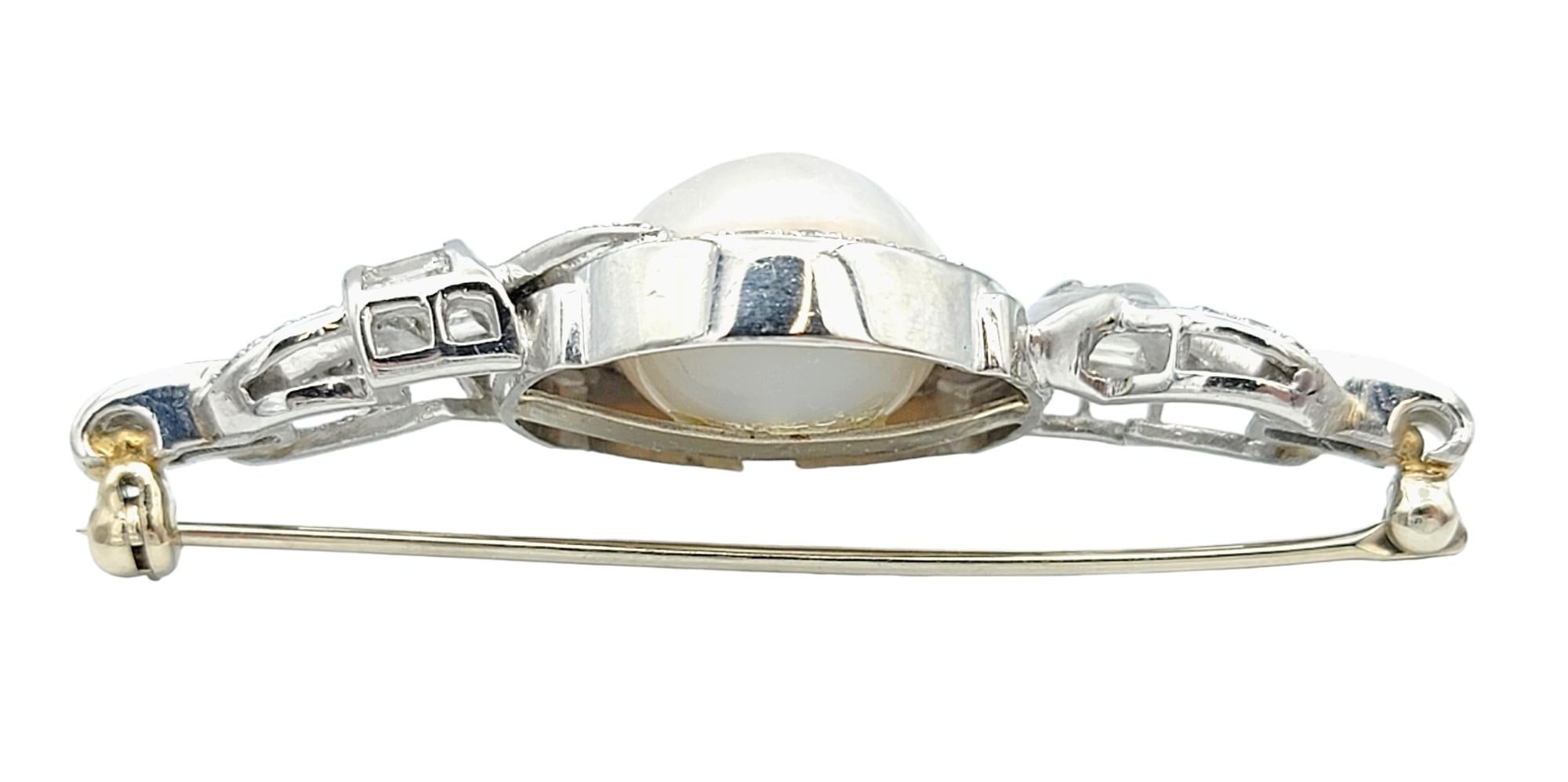 Round Cut White Mabe Pearl and Diamond Ribbon Style Platinum Brooch with Milgrain Detail