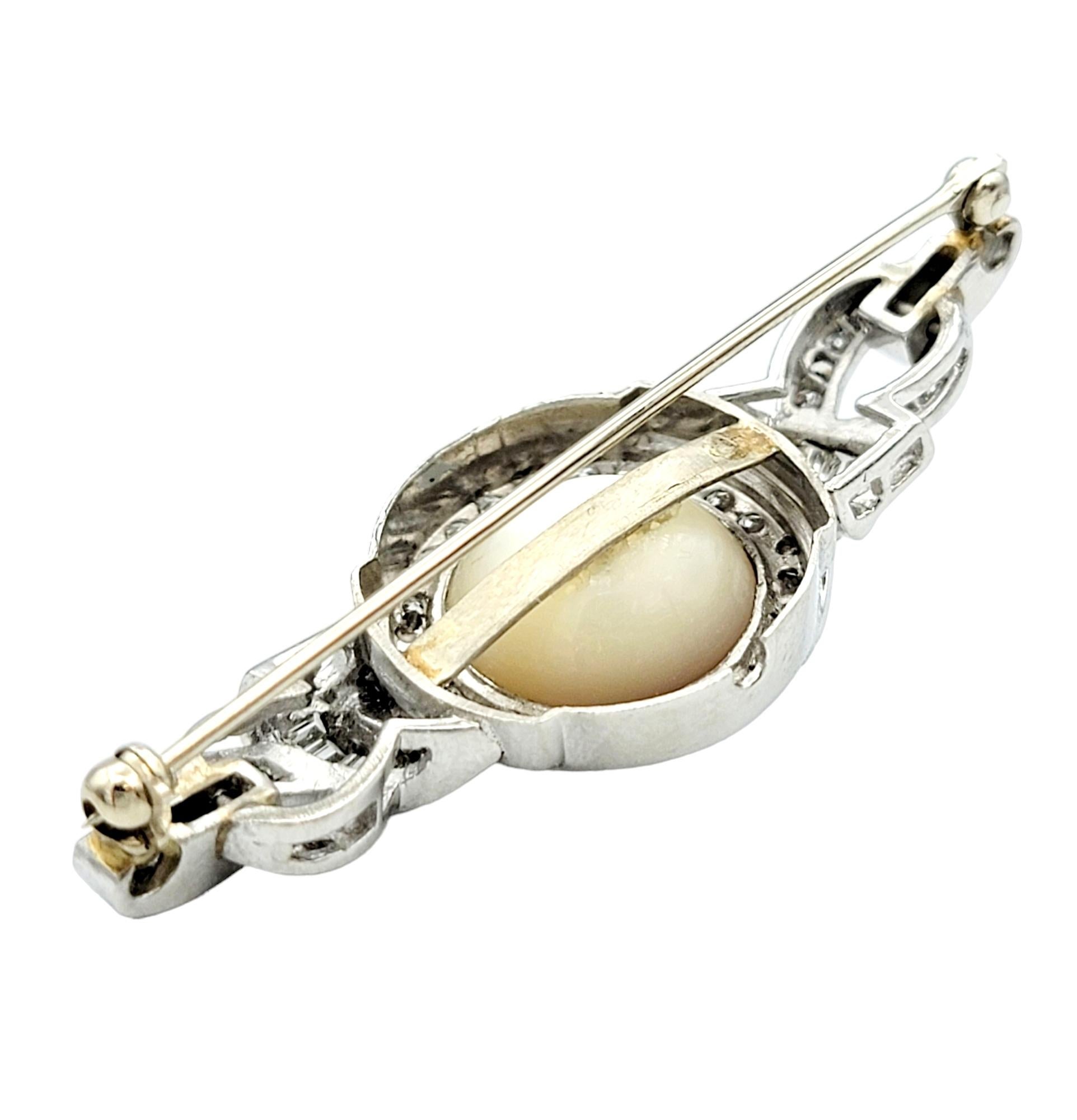 White Mabe Pearl and Diamond Ribbon Style Platinum Brooch with Milgrain Detail In Good Condition In Scottsdale, AZ