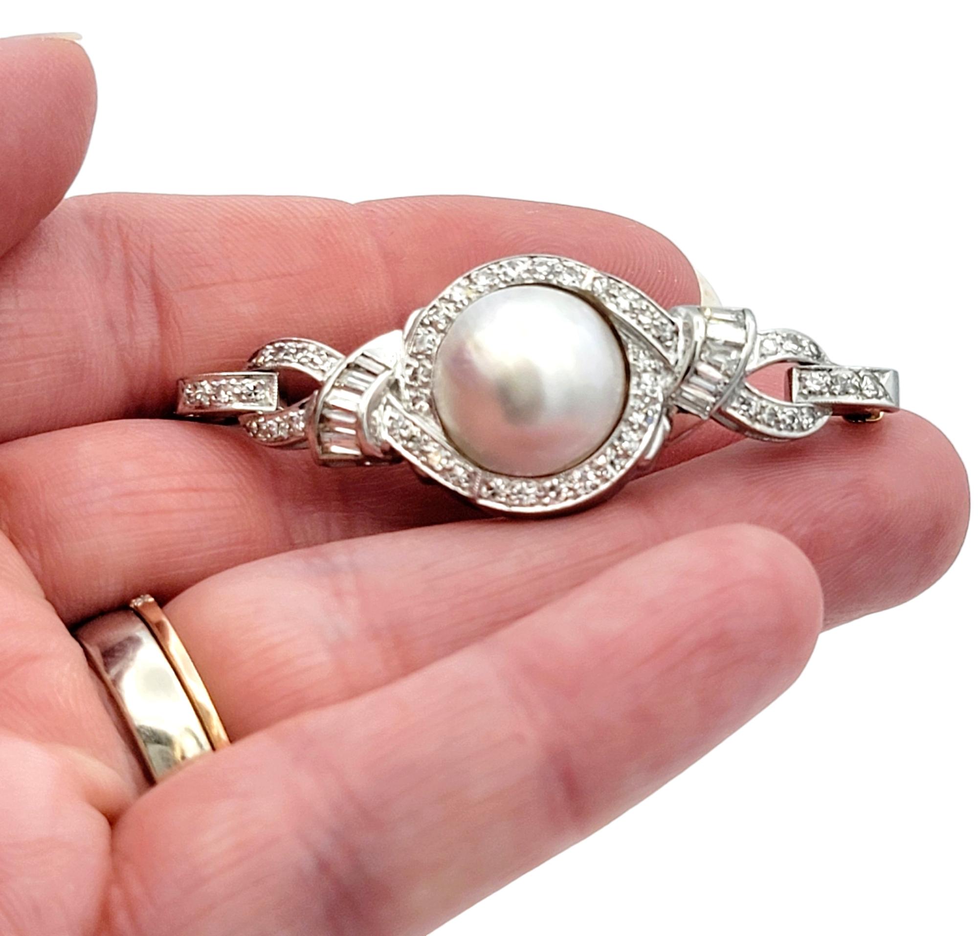 White Mabe Pearl and Diamond Ribbon Style Platinum Brooch with Milgrain Detail 1