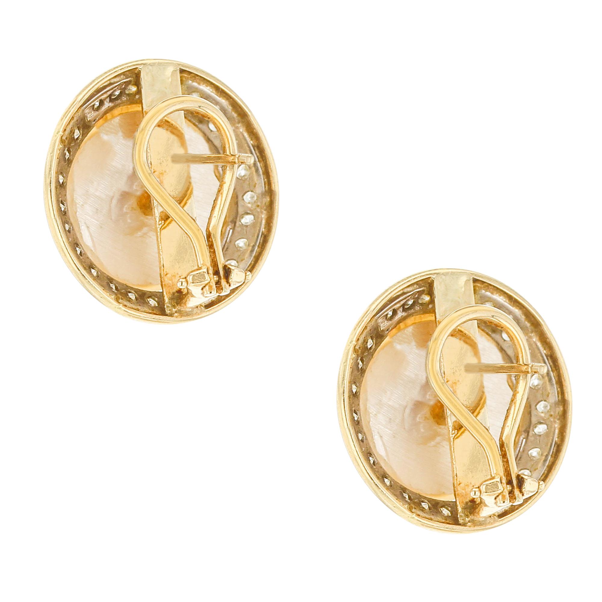Women's or Men's White Mabe Pearl and Round Diamond Earrings, Yellow Gold