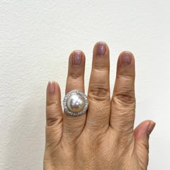 White Mabe Pearl and White Diamond Ring in Platinum & 18K Yellow Gold
