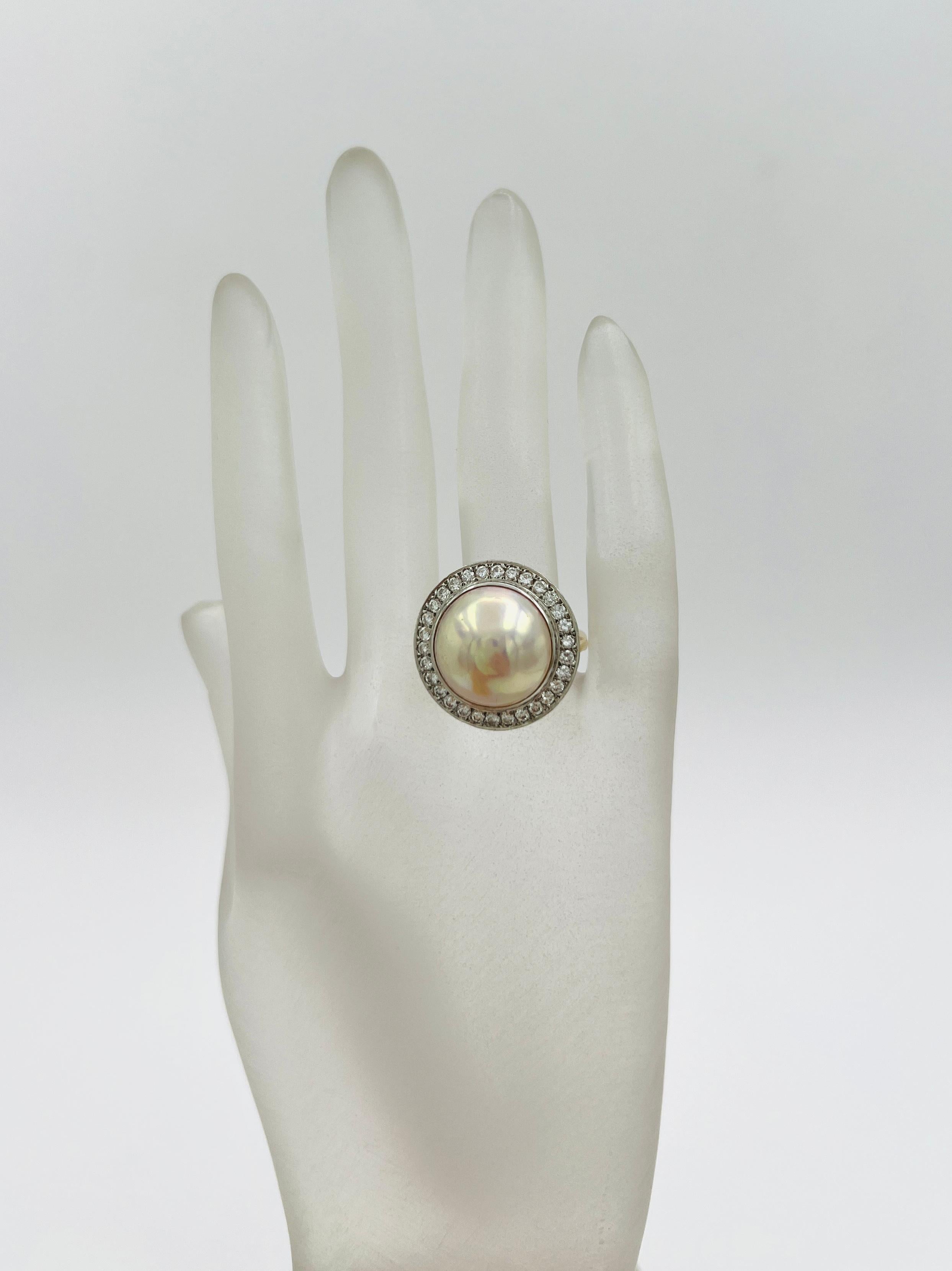 Round Cut White Mabe Pearl and White Diamond Ring in Platinum & 18K Yellow Gold For Sale