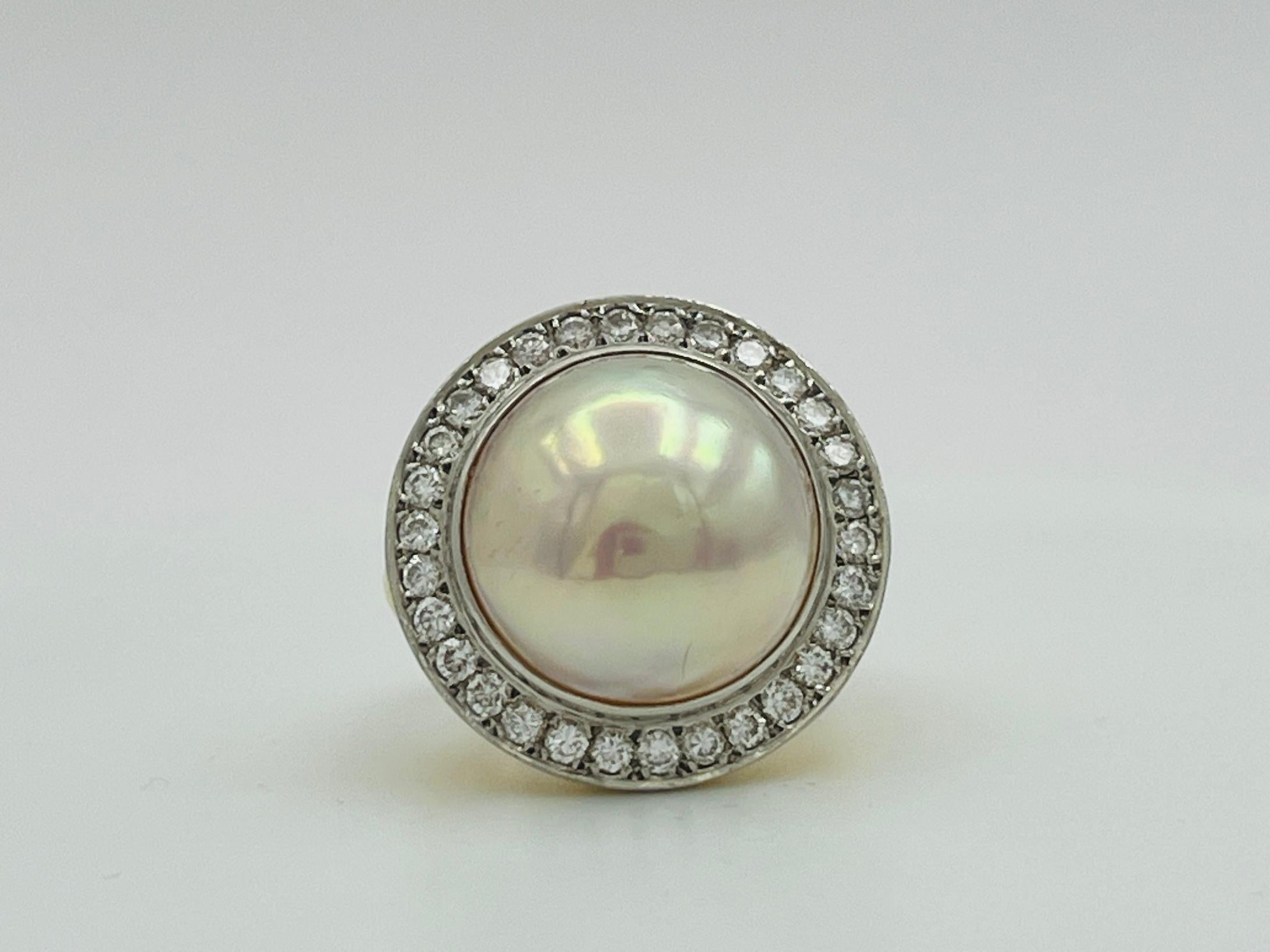 White Mabe Pearl and White Diamond Ring in Platinum & 18K Yellow Gold For Sale 3