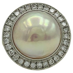 White Mabe Pearl and White Diamond Ring in Platinum & 18K Yellow Gold