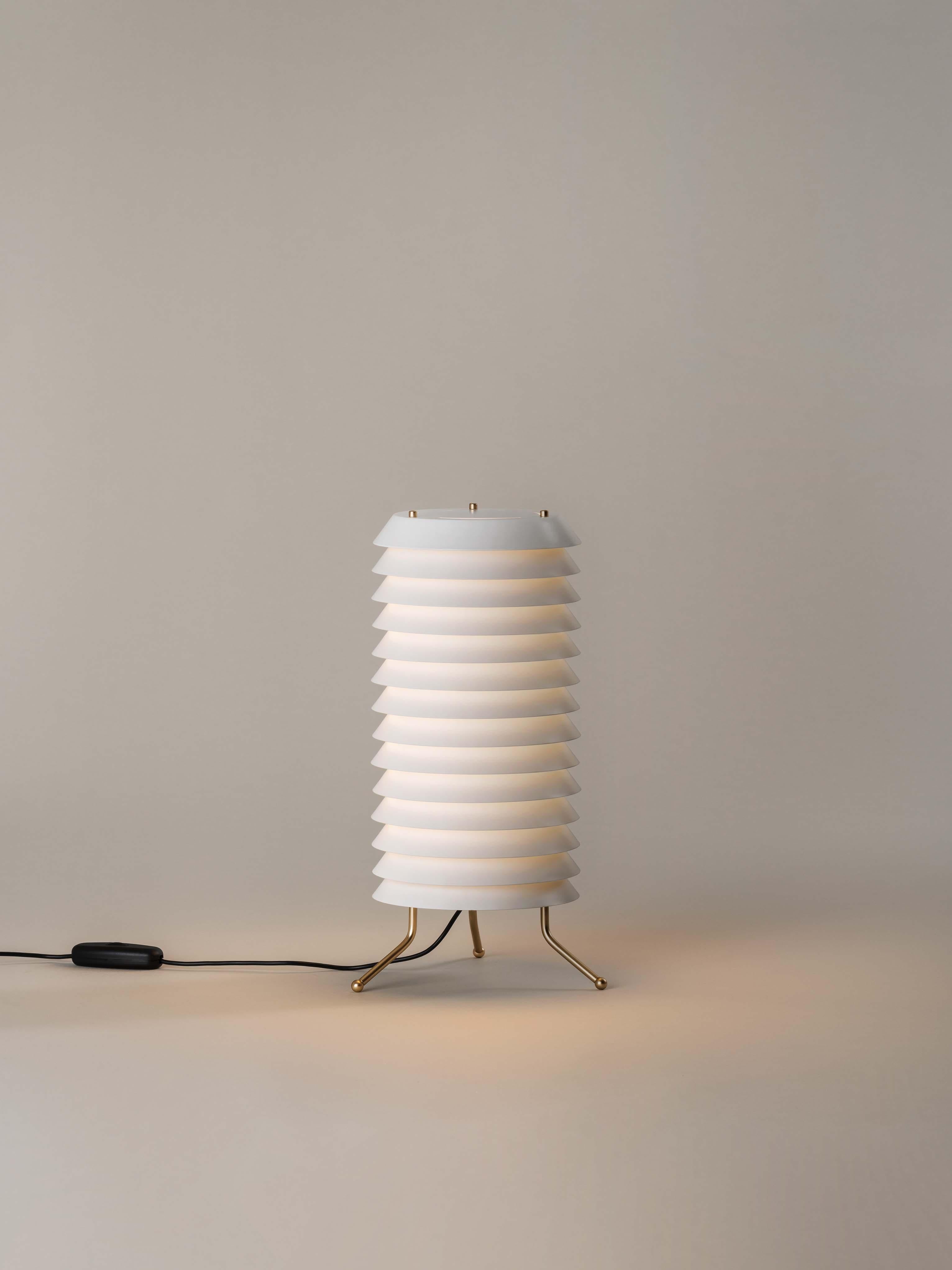 White Maija table lamp by Ilmari Tapiovaara.
Dimensions: D 18 x H 33 cm.
Materials: brass, plastic.
Available in white or nude rose.

Maija conveys the feeling of light typical of Baltic cities, where the streets are barely illuminated, apart
