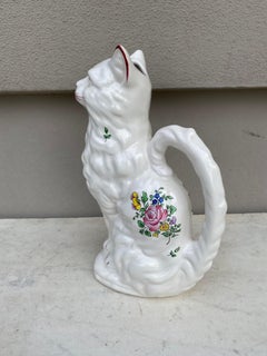 White Majolica Cat Pitcher Keller & Guerin Luneville, circa 1900