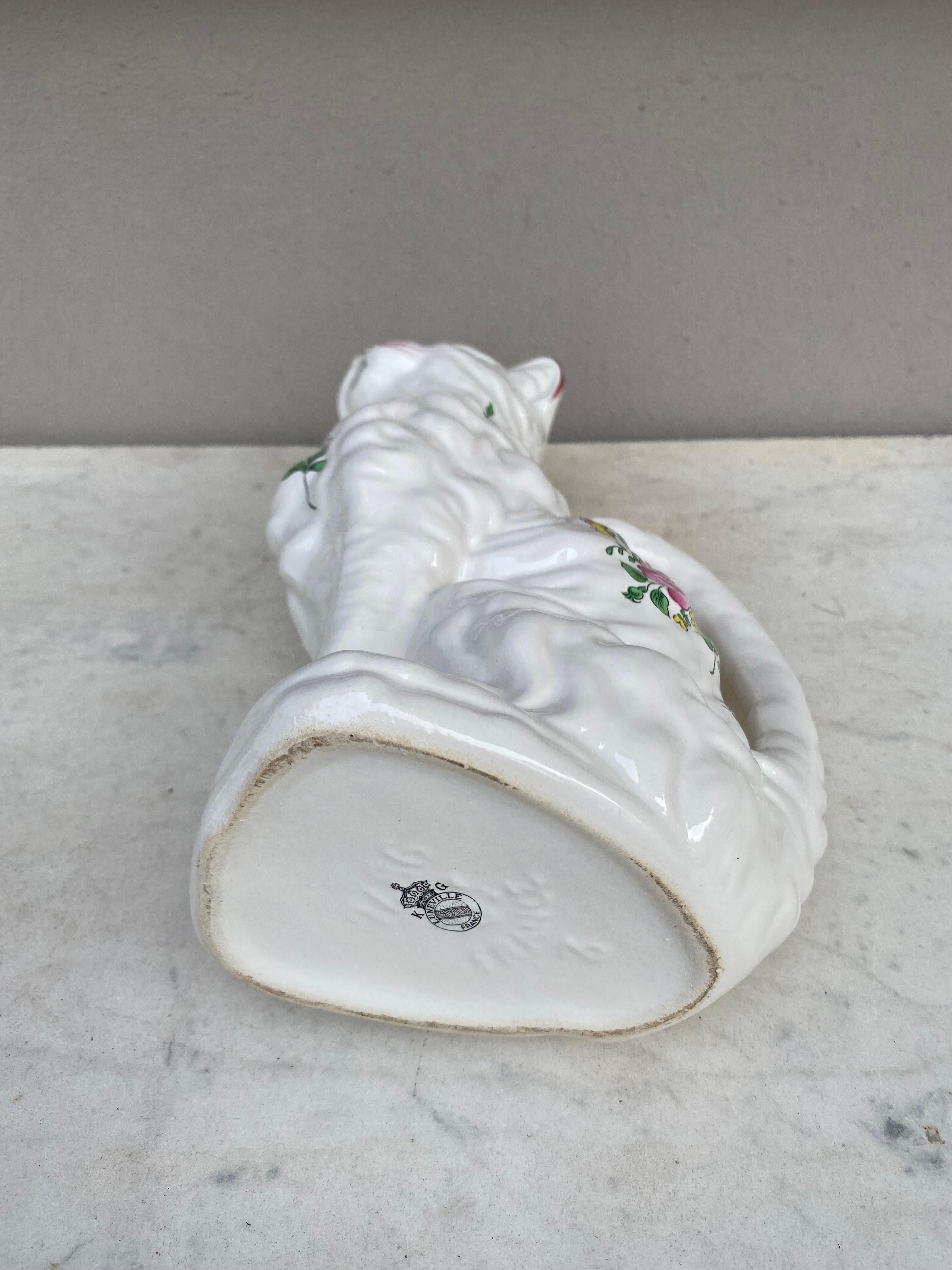 Rustic White Majolica Cat Pitcher Keller & Guerin Luneville, circa 1900