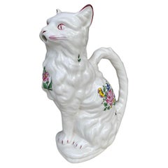 White Majolica Cat Pitcher Keller & Guerin Luneville, circa 1900