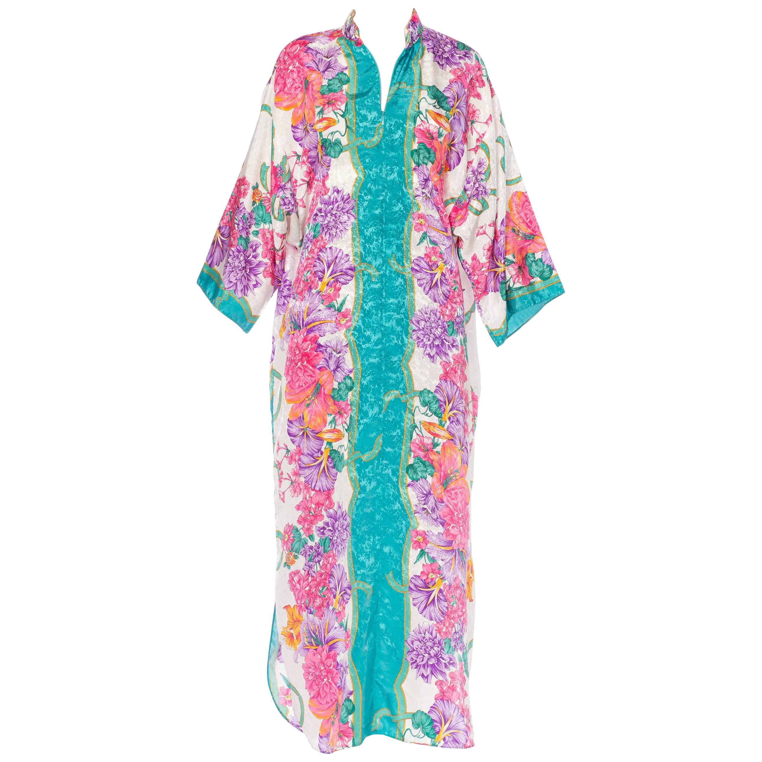 White Mandarin Collar 1980s Satin Tropical Floral Half Zip Kaftan