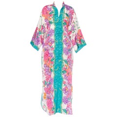 White Mandarin Collar 1980s Satin Tropical Floral Half Zip Kaftan