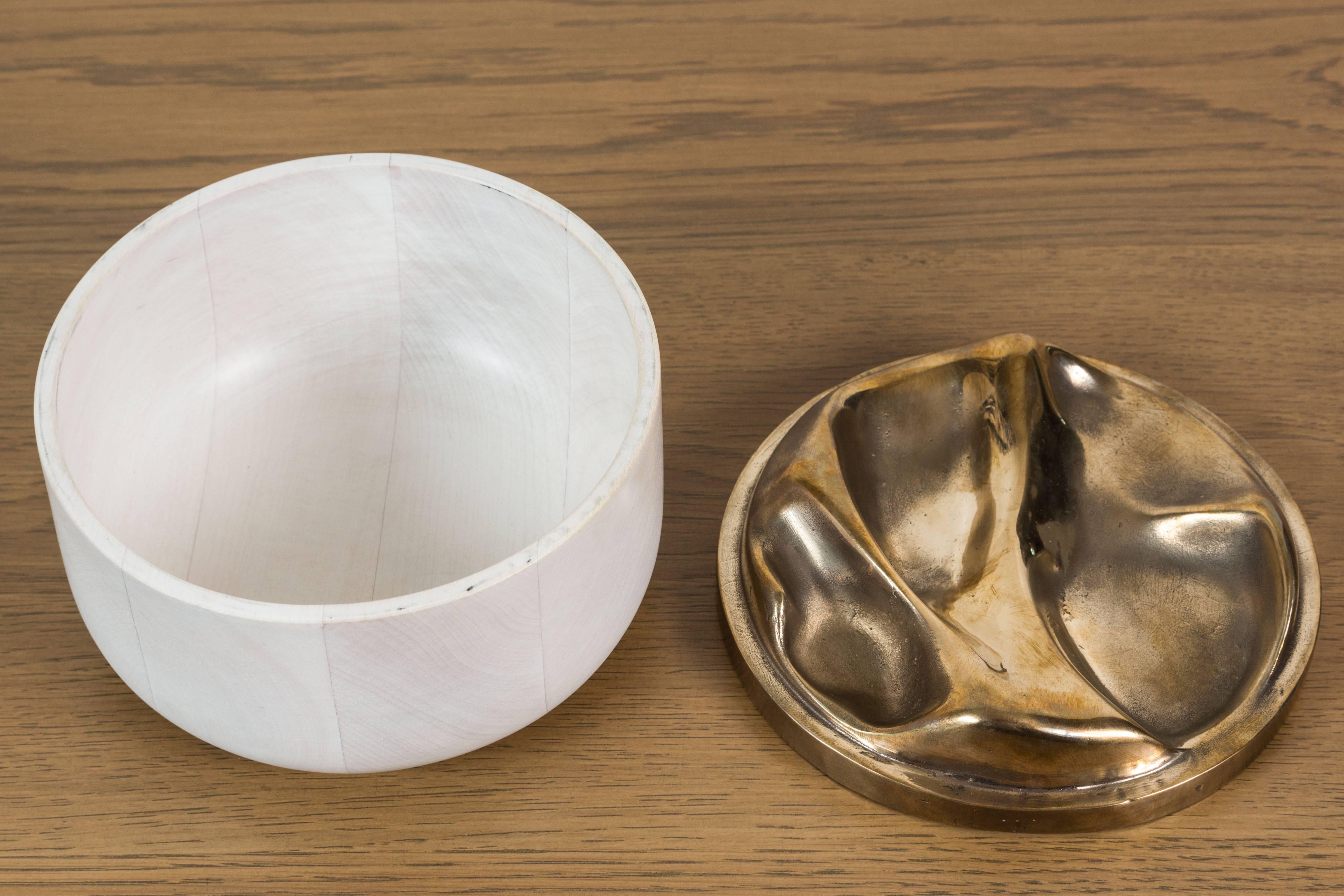 Mid-Century Modern White Maple and Cast Bronze Round Box by Vincent Pocsik, in Stock