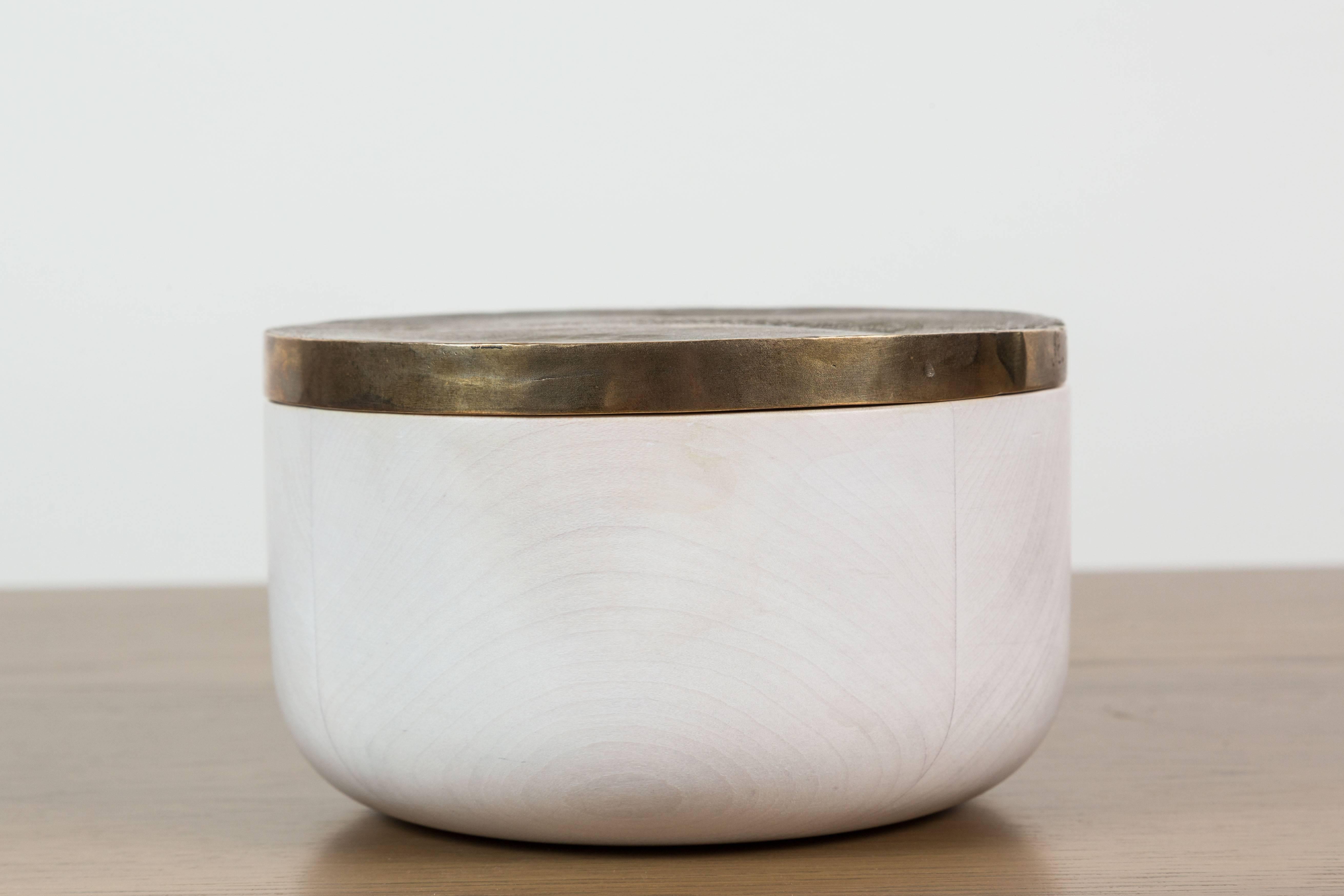 Bleached White Maple and Cast Bronze Round Box by Vincent Pocsik, in Stock