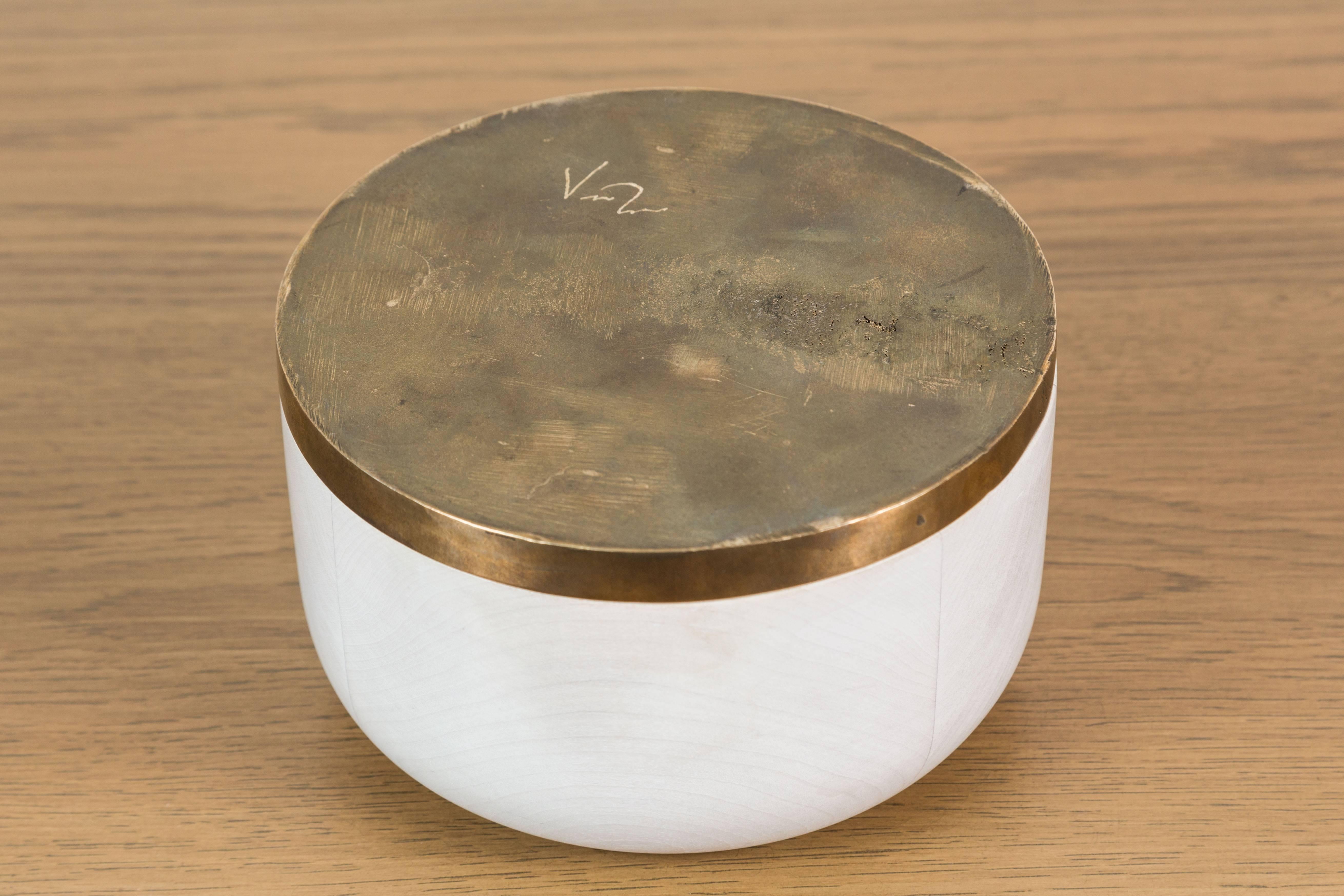 White Maple and Cast Bronze Round Box by Vincent Pocsik, in Stock In New Condition In Los Angeles, CA