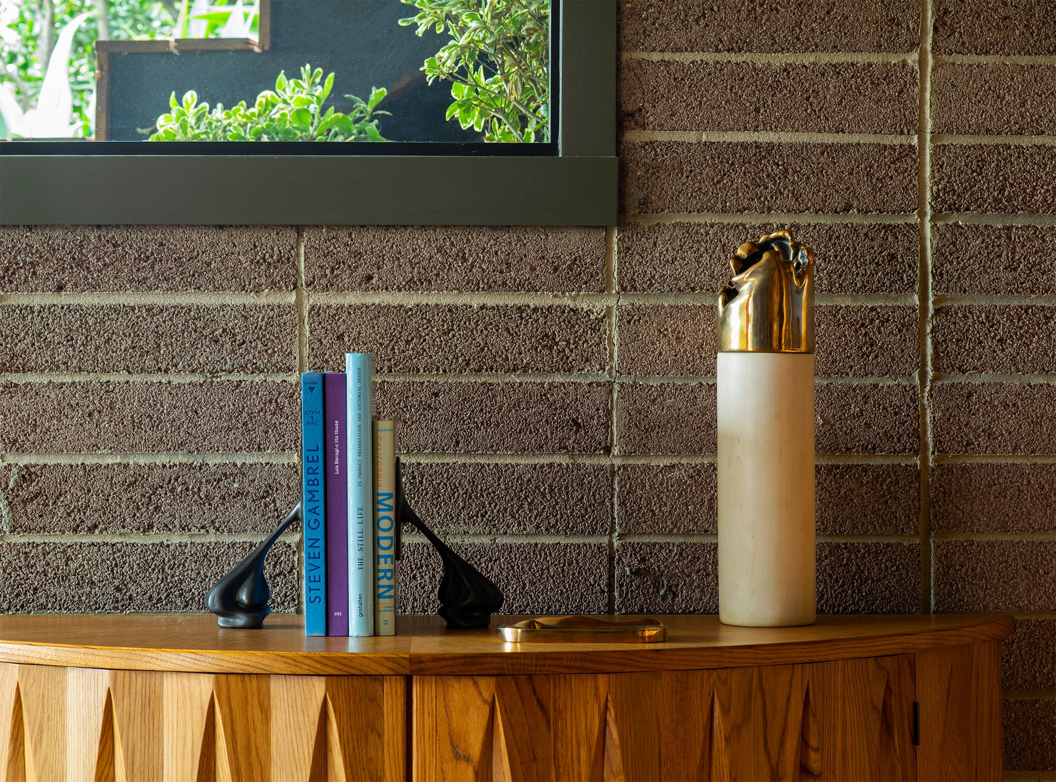 Bleached maple and cast bronze vase by Artist Vincent Pocsik in collaboration with Lawson-Fenning. Includes glass insert to hold water for flowers. Made of natural materials, this decorative object can be accessorized on tabletop, book shelf, or