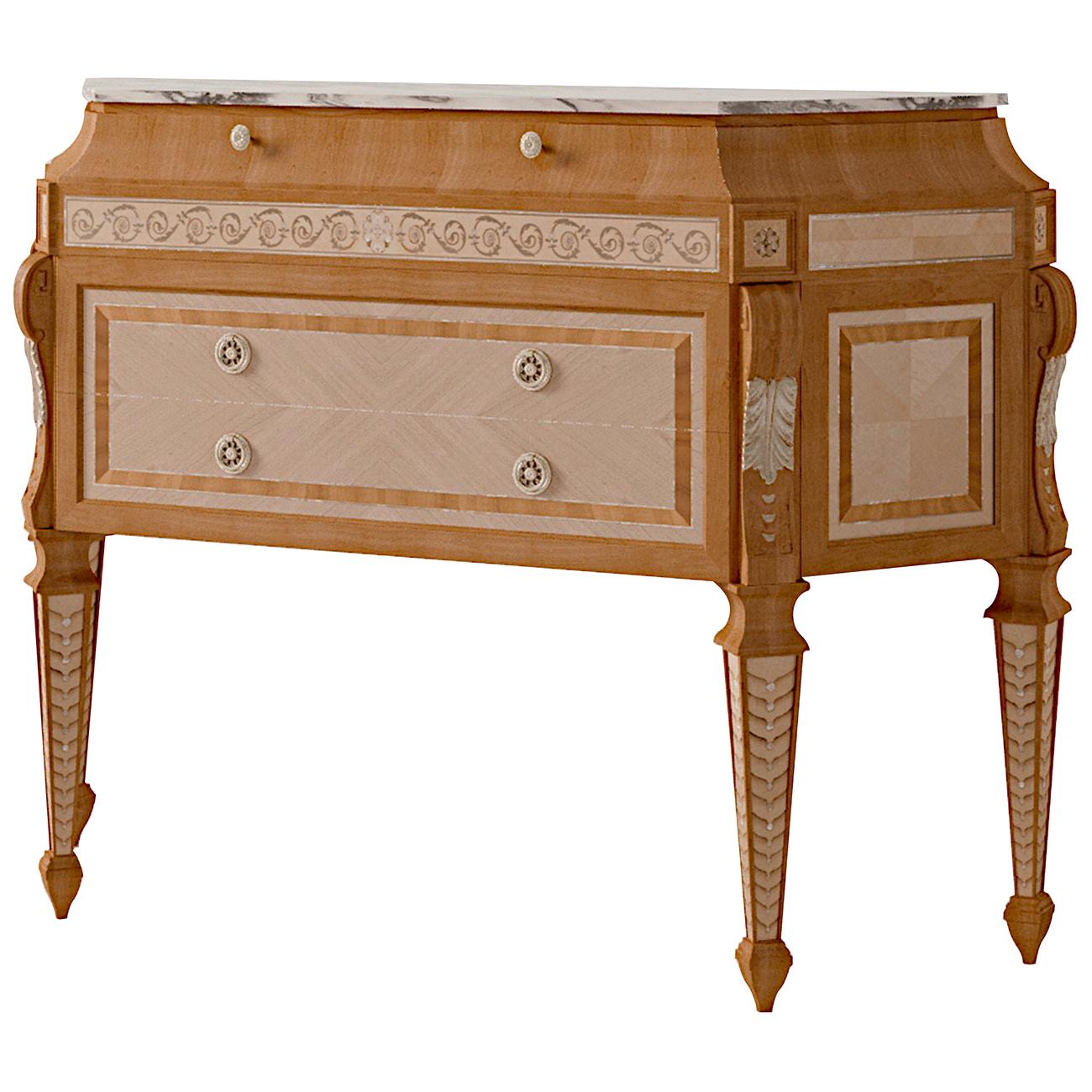 White Maple and Cherry Console with Calacatta Marble Top