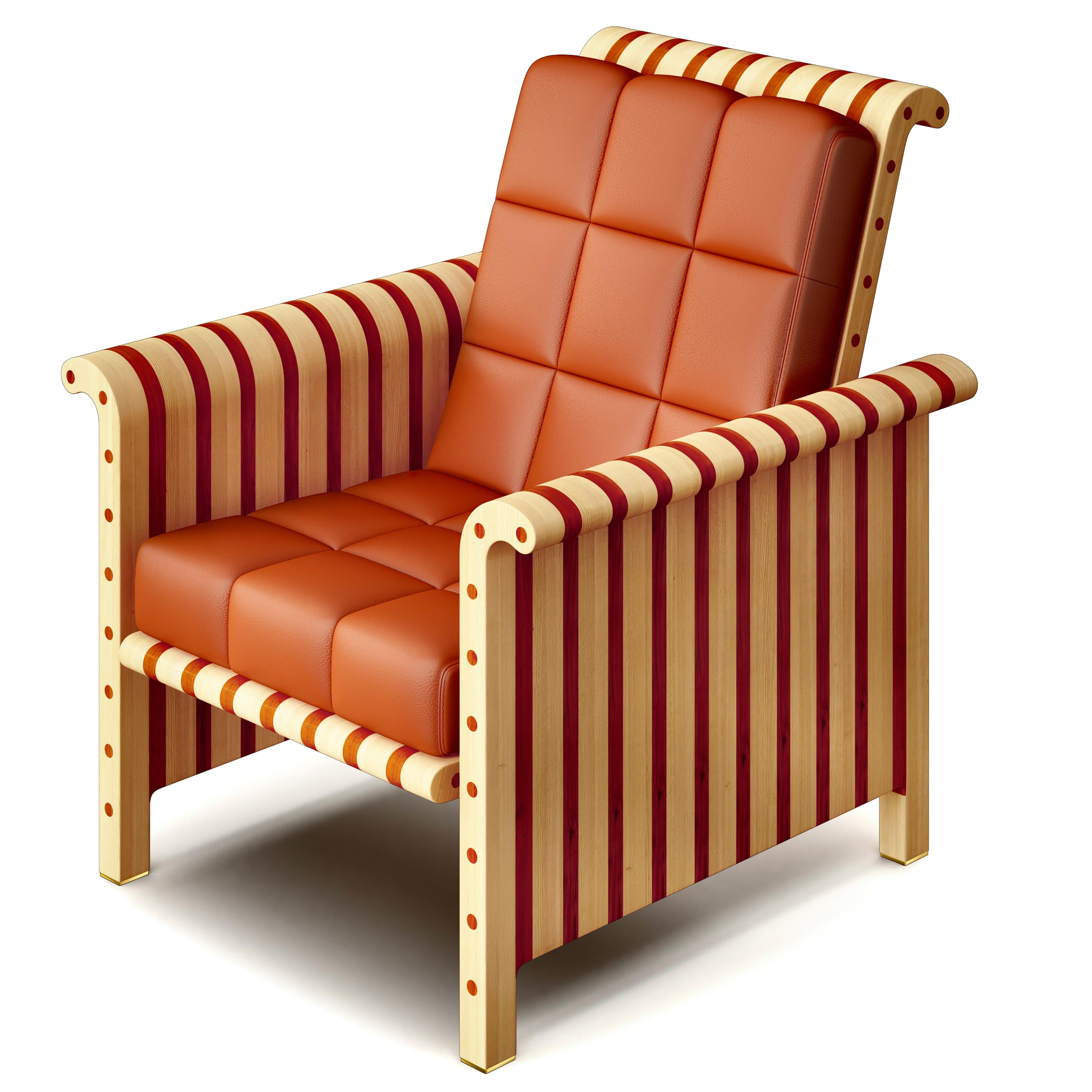 Canadian Maple & Padauk Solid Wood Lounge Chair With Leather Upholstery For Sale