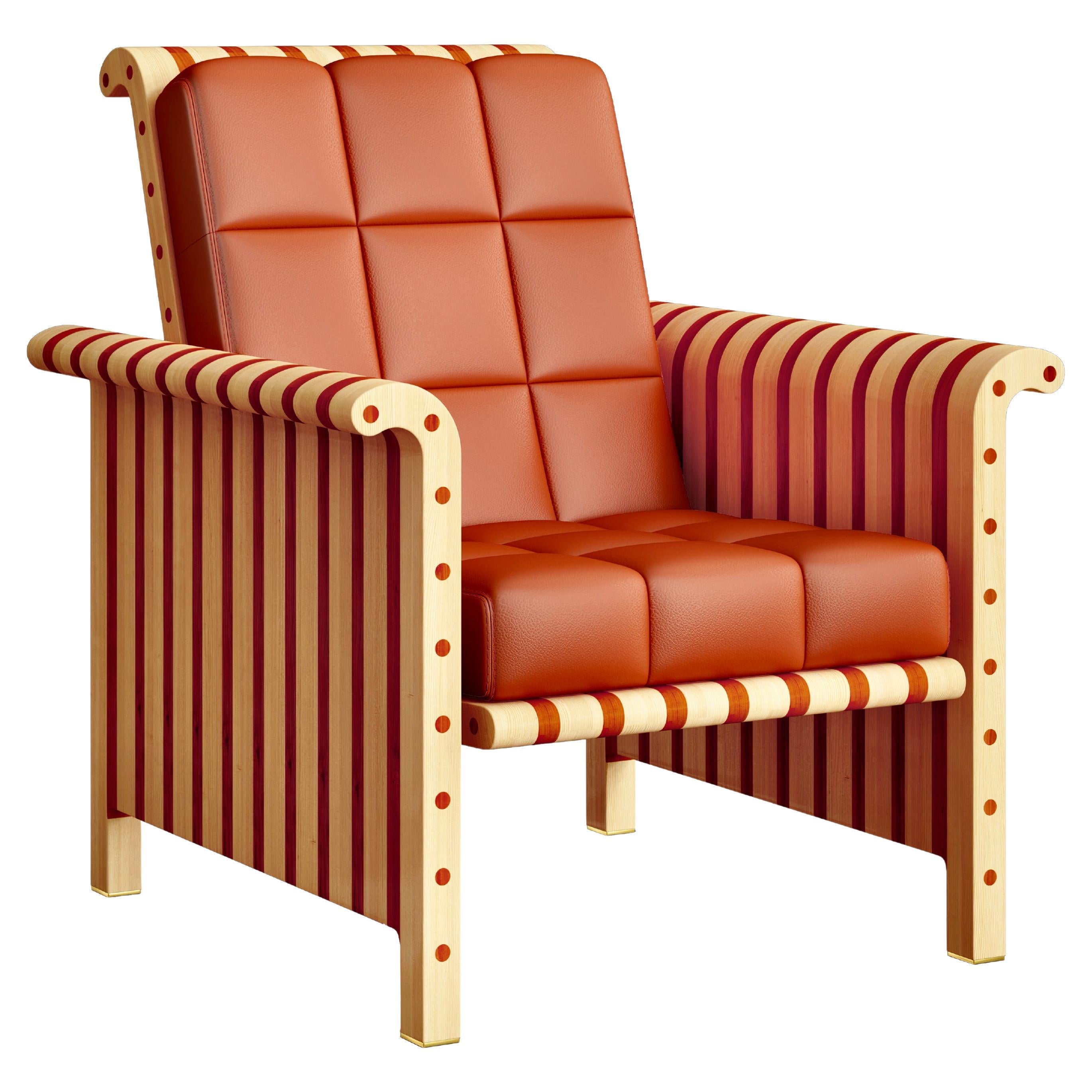 Chaise longue en bois massif d'érable et de padouk avec rembourrage en cuir en vente