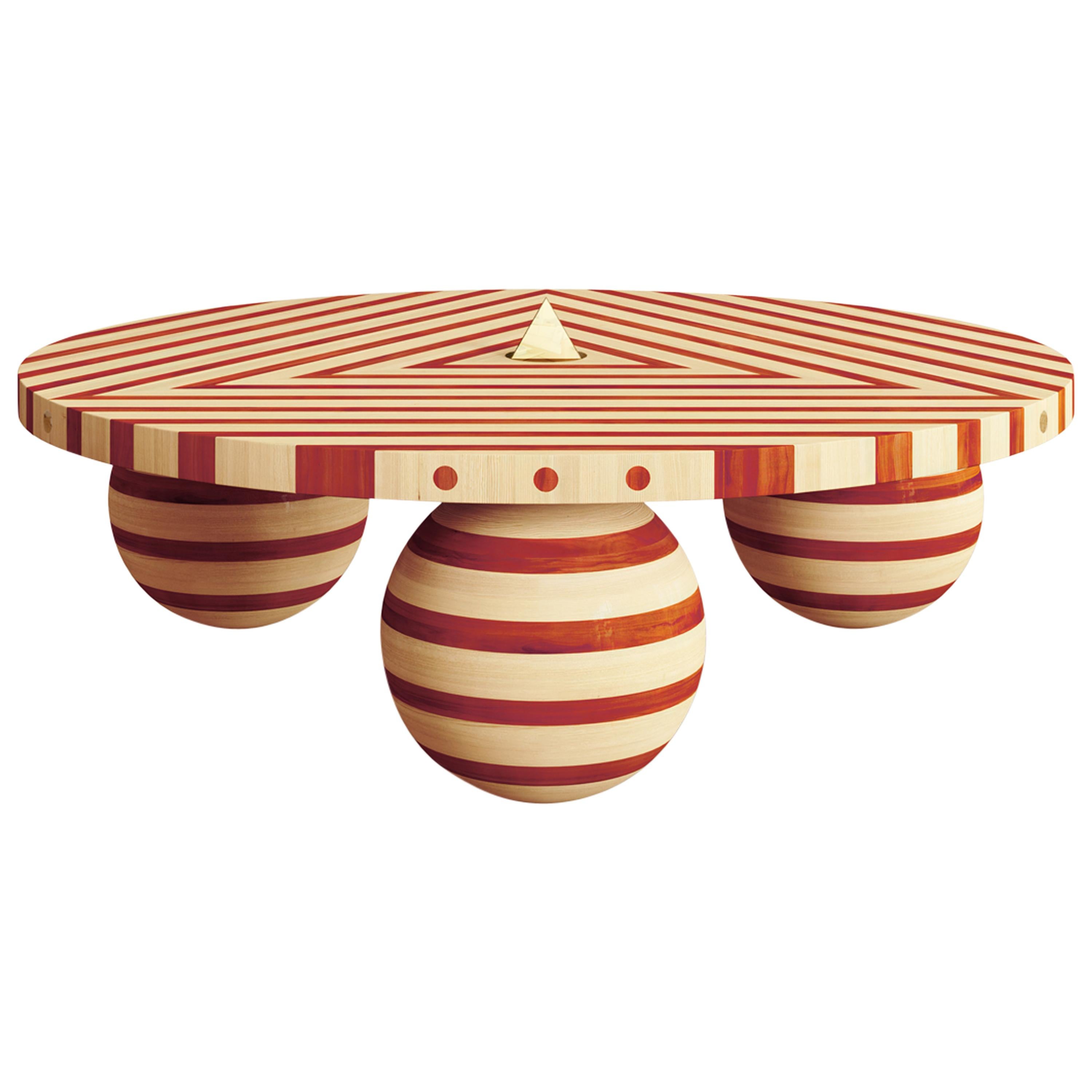 White Maple Red Orange Padauk Wood Coffee Table & Mirror Polished Brass Pyramid