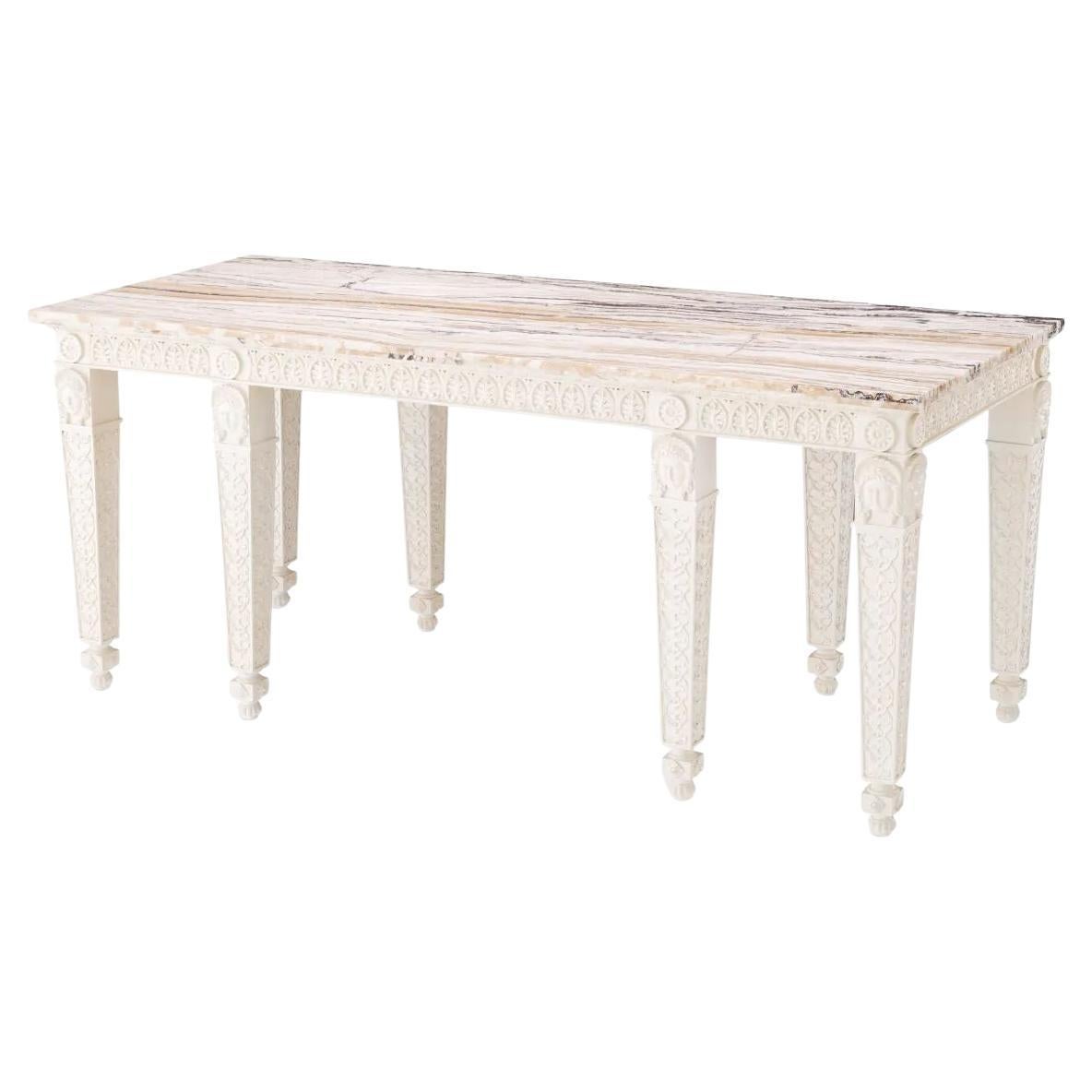White Marble and Antique White Finish Console Table