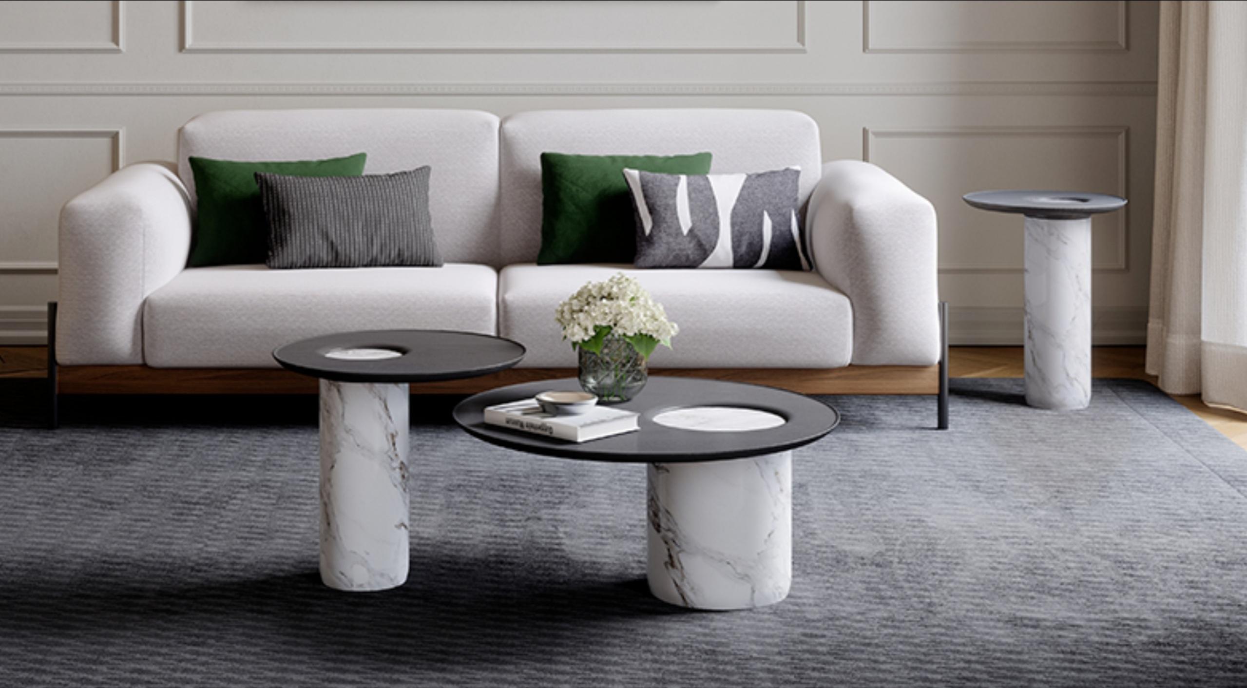 Beautiful Series of 3 sculptural design different sizes Coffee, Center or Side tables compose by a solid white Estremoz marble base and a delicate black wood top in Oak open pore.
These tables can be adapted to the look and feel of the space,