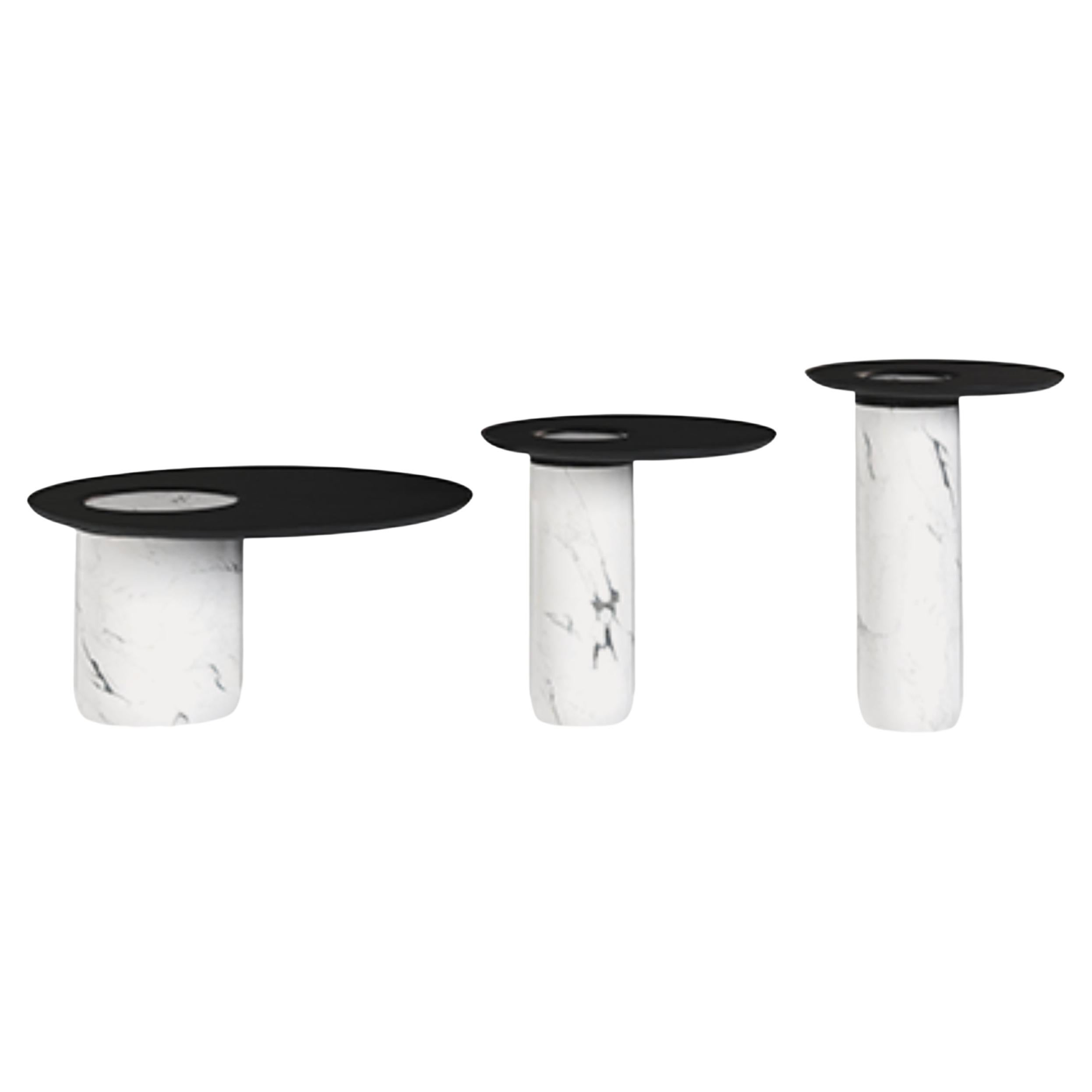 White Marble and Black Oak Center Coffee or Side Tables For Sale