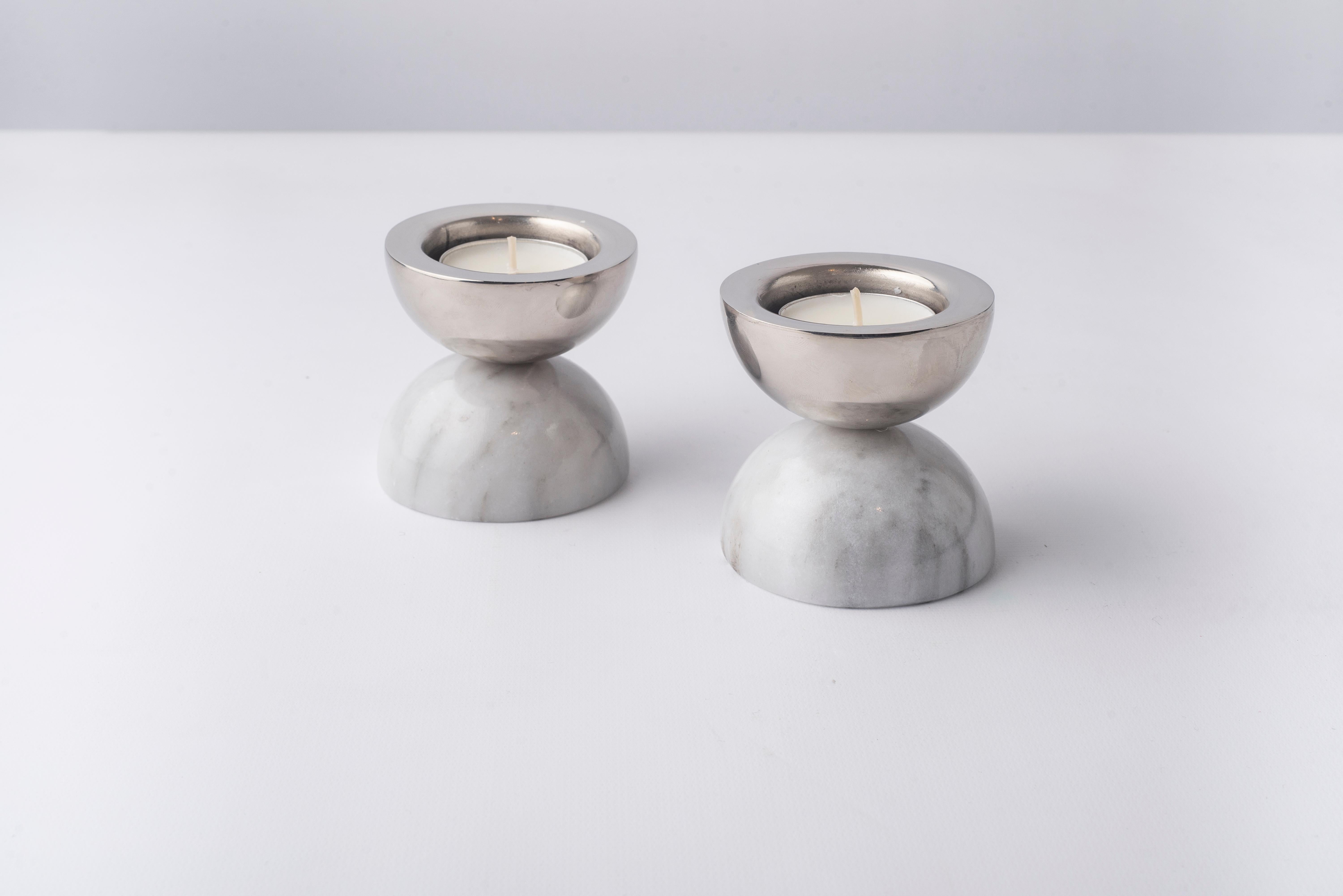 Mexican Balance White Marble & Nickeled-Brass Candle Holders For Sale