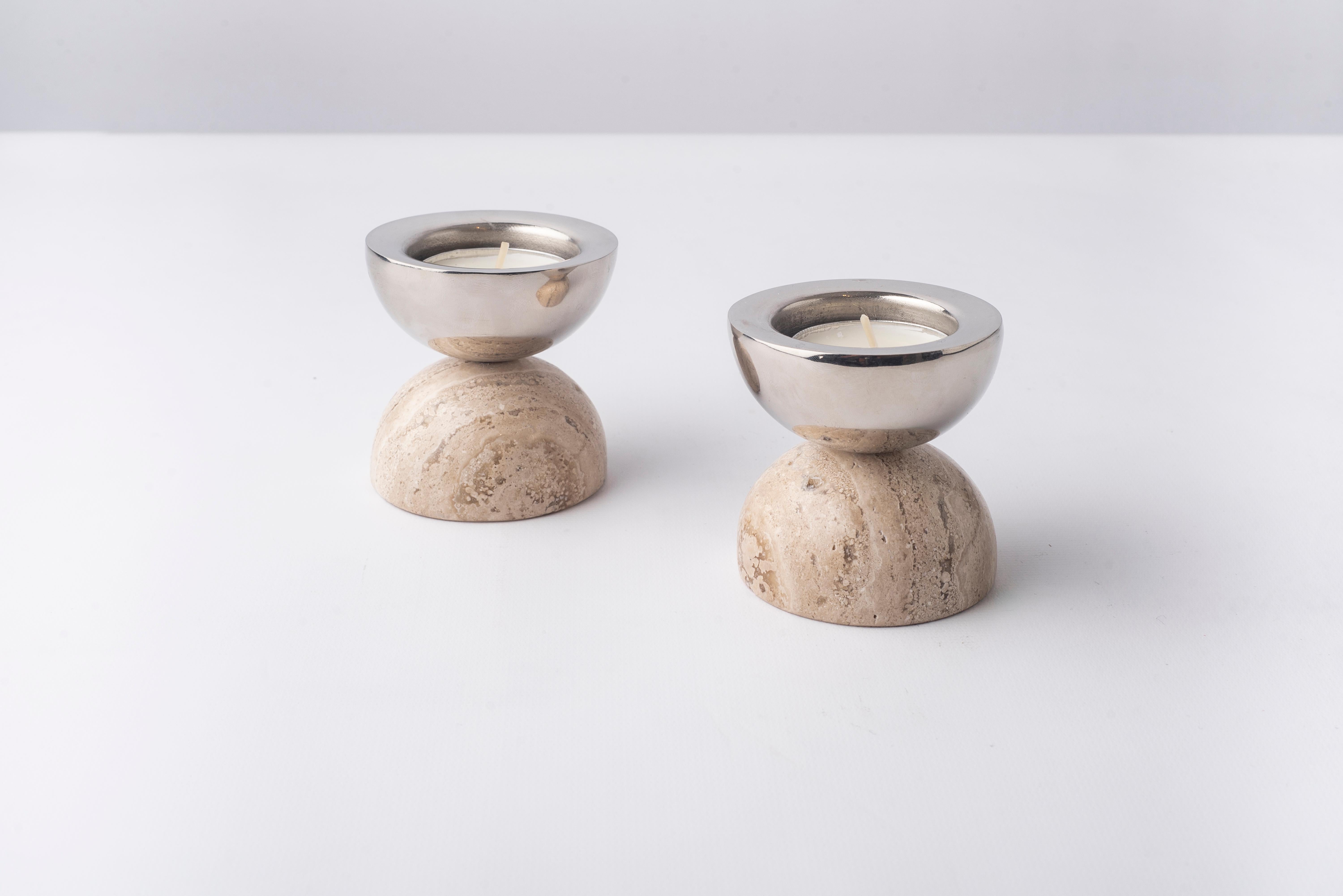 Balance White Marble & Nickeled-Brass Candle Holders For Sale 2