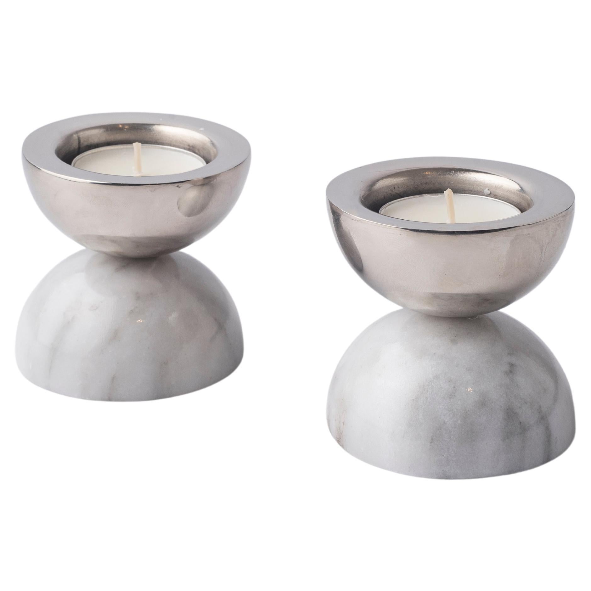 Balance White Marble & Nickeled-Brass Candle Holders For Sale