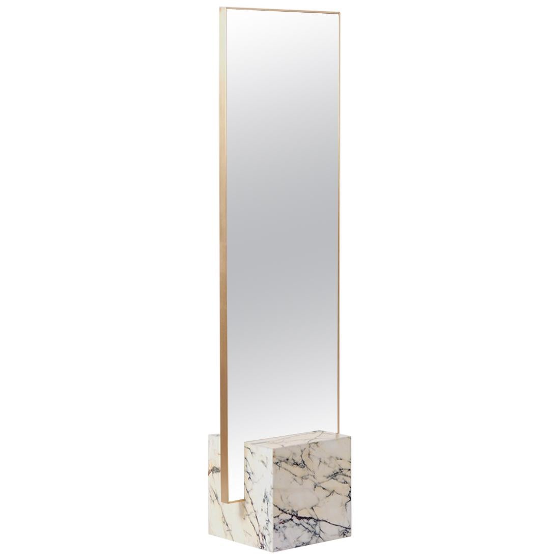 White Marble and Brass Coexist Standing Mirror by Slash Objects