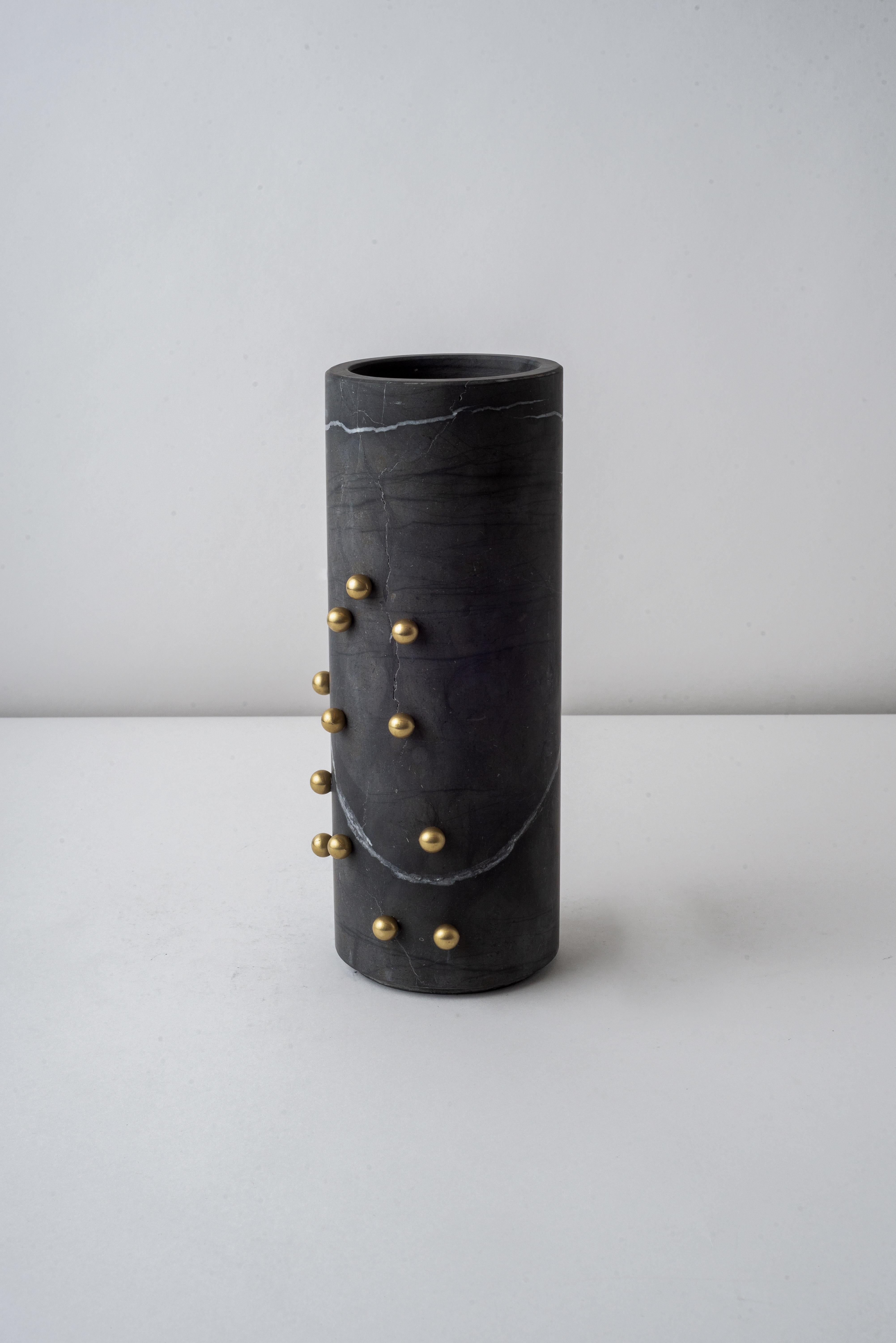 Carved Confetti White Marble & Brass Tall Vase For Sale