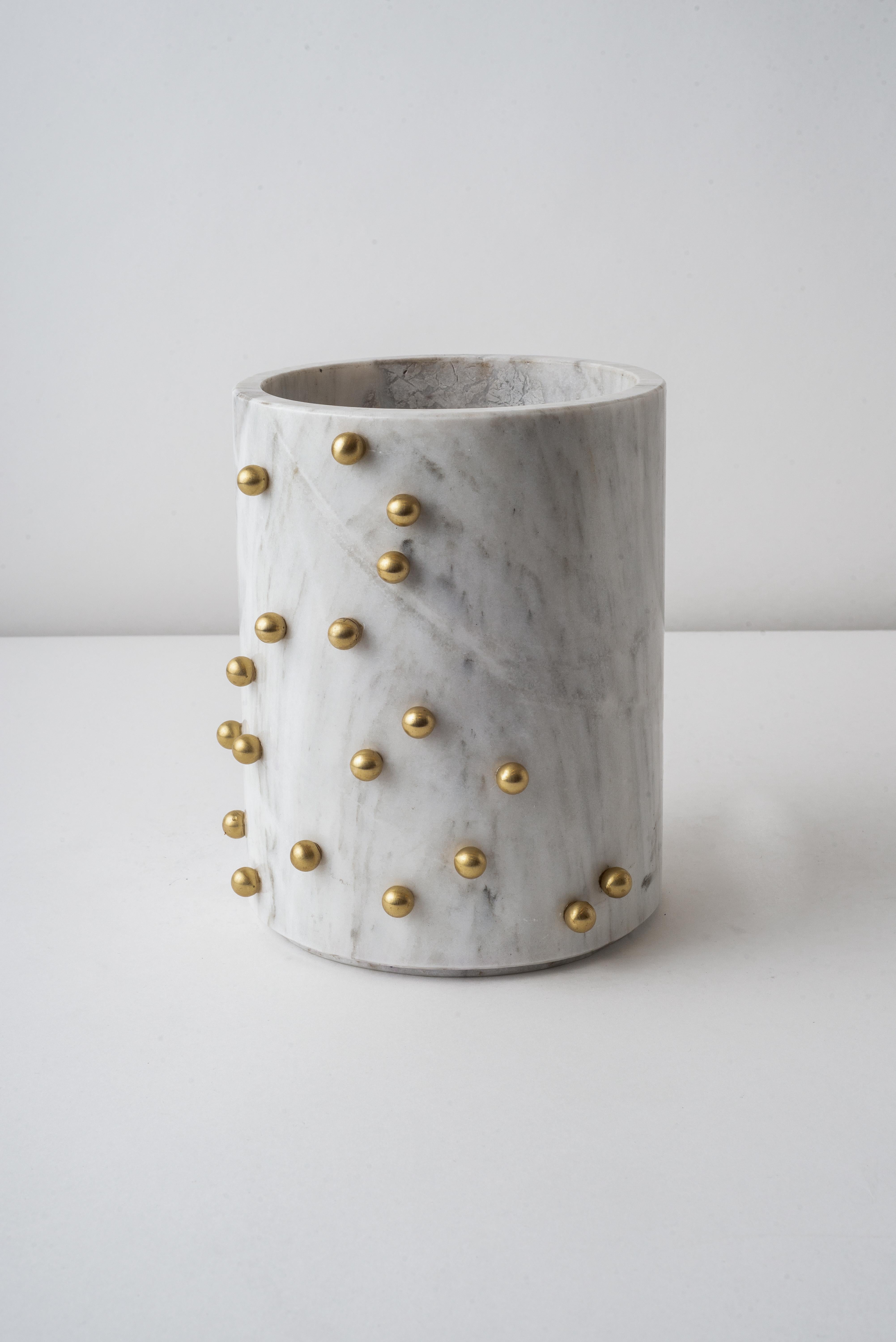 Carved Confetti White Marble & Brass Wide Vase For Sale