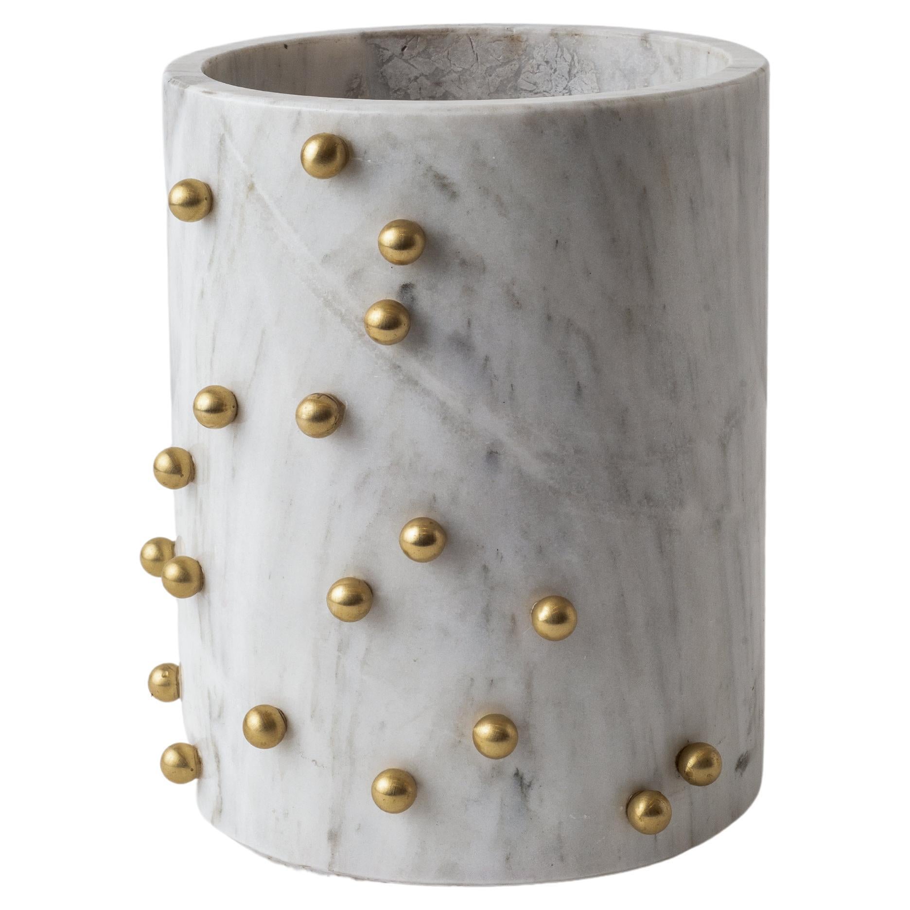 Confetti White Marble & Brass Wide Vase For Sale