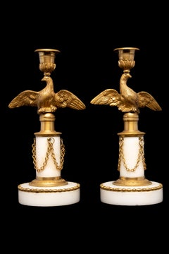 19th Century Bronze, White Marble and Gilt Candle Sticks with Birds