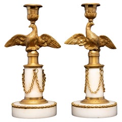 19th Century Bronze, White Marble and Gilt Candle Sticks with Birds